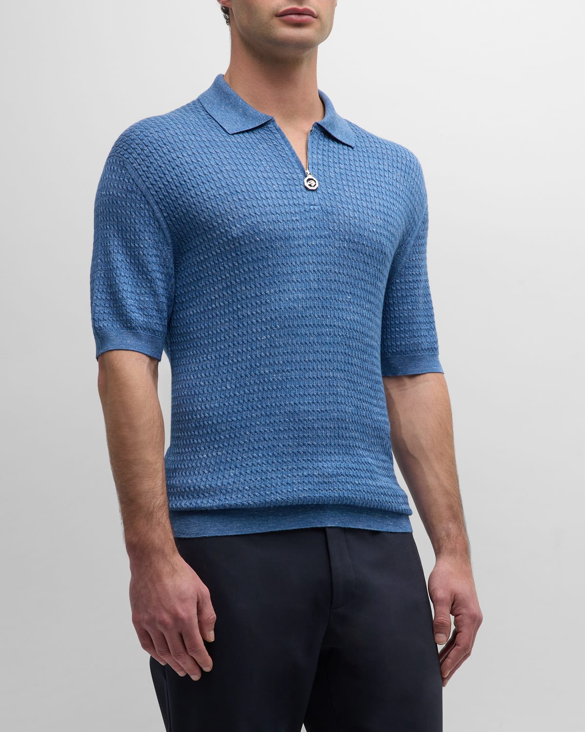 Stefano Ricci Men's Cable Knit Short-sleeve Polo Jumper In Blue