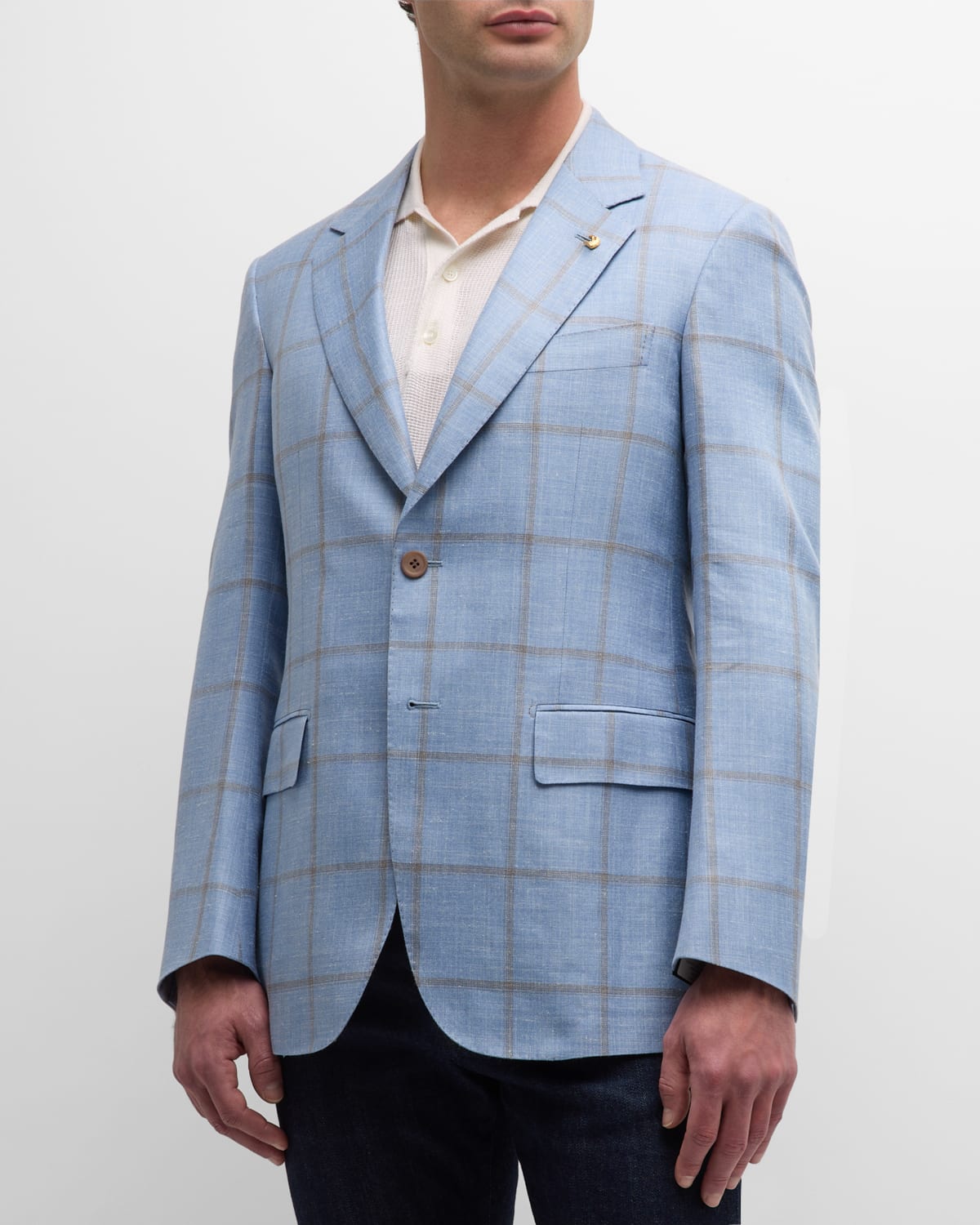 Stefano Ricci Men's Windowpane Single-breasted Blazer Jacket In Light Blue