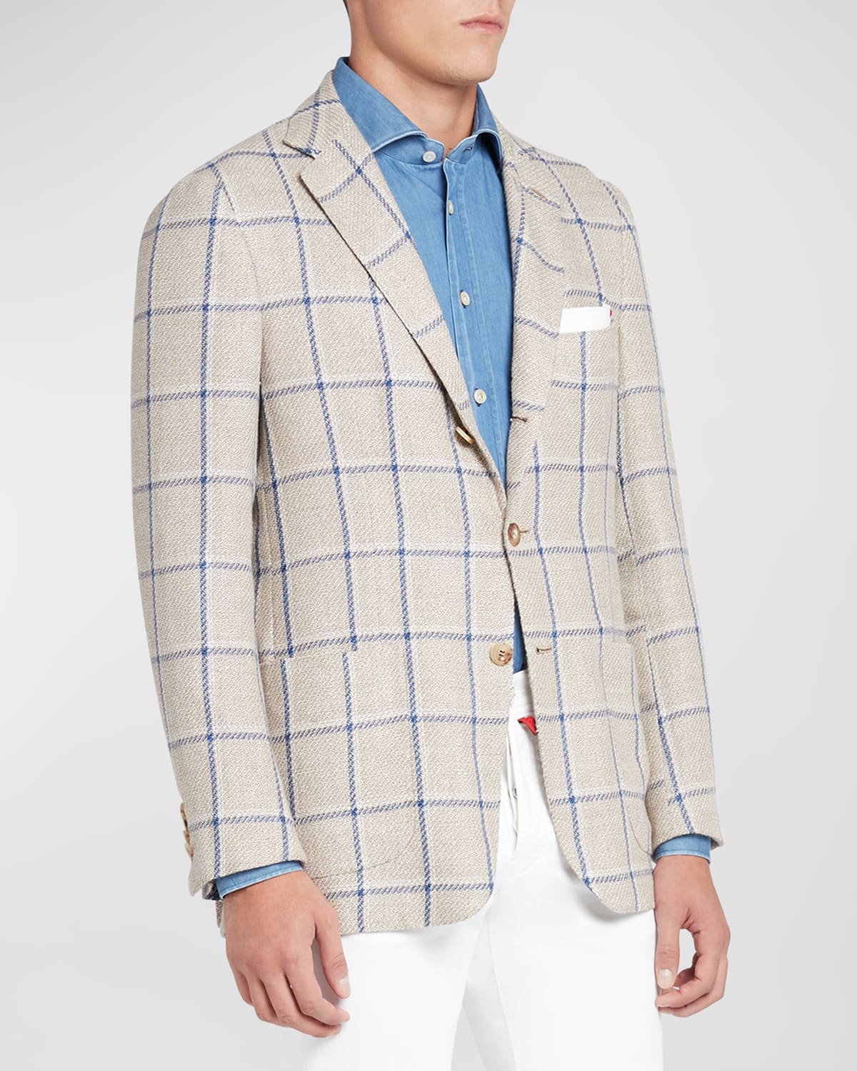 Shop Kiton Men's Windowpane Cashmere-linen Sport Coat In Blue