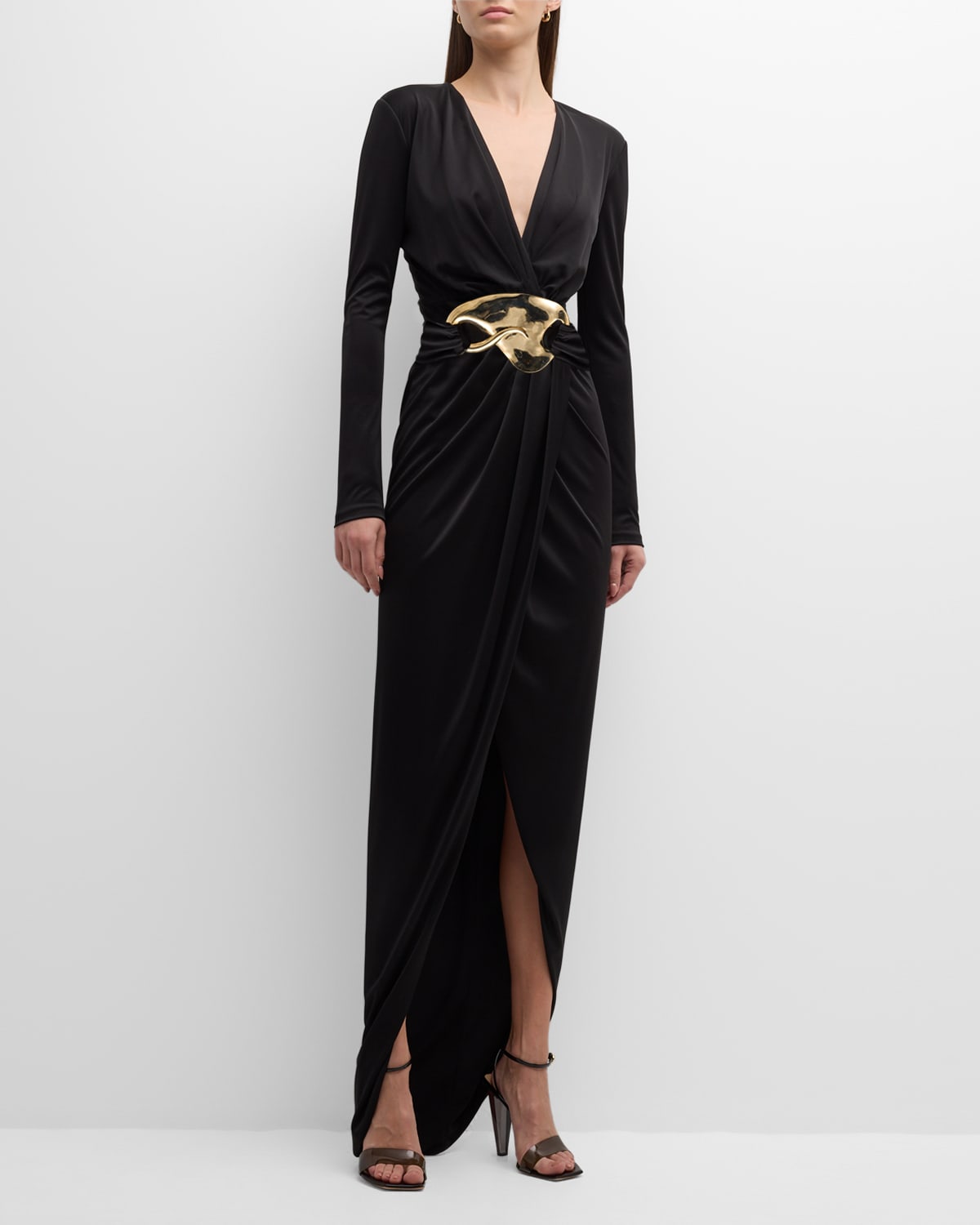 Salon 1884 Rodin Long-sleeve Strong-shoulder Wrap Gown In Black