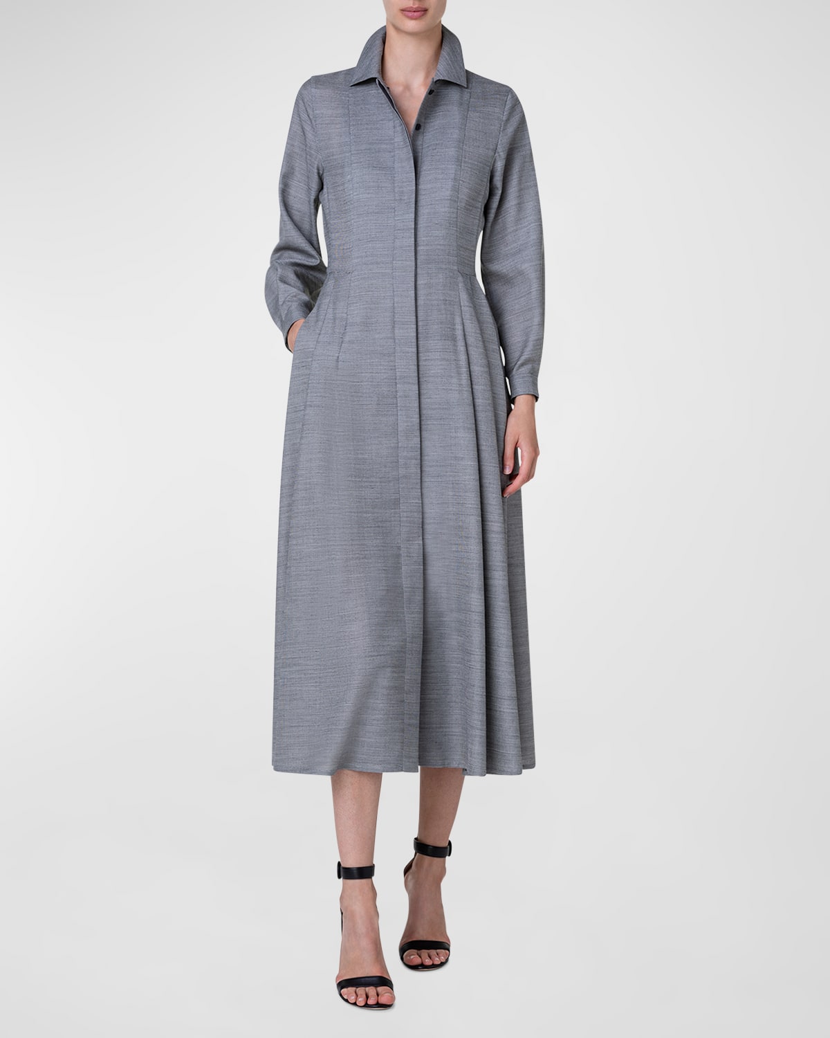 Akris Long-sleeve Pleated Wool-silk Midi Shirtdress In Black-ecru