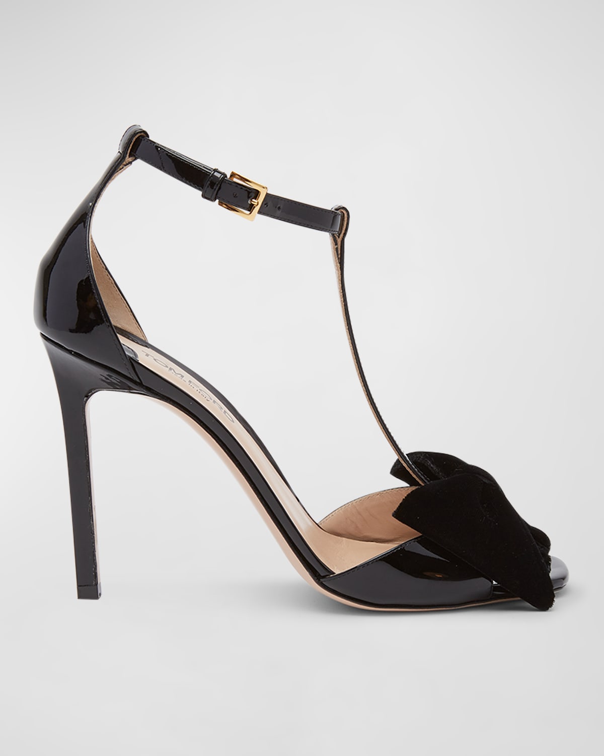 Shop Tom Ford Patent Bow T-strap Stiletto Sandals In Black