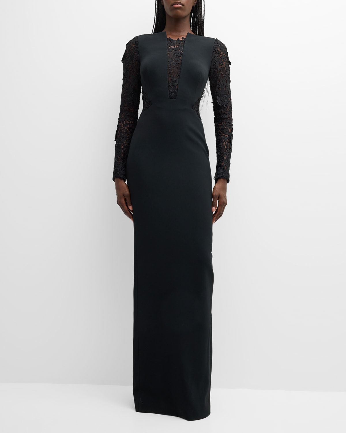 Shop Pamella Roland Black Crepe Gown With Lace Panels And Sleeves