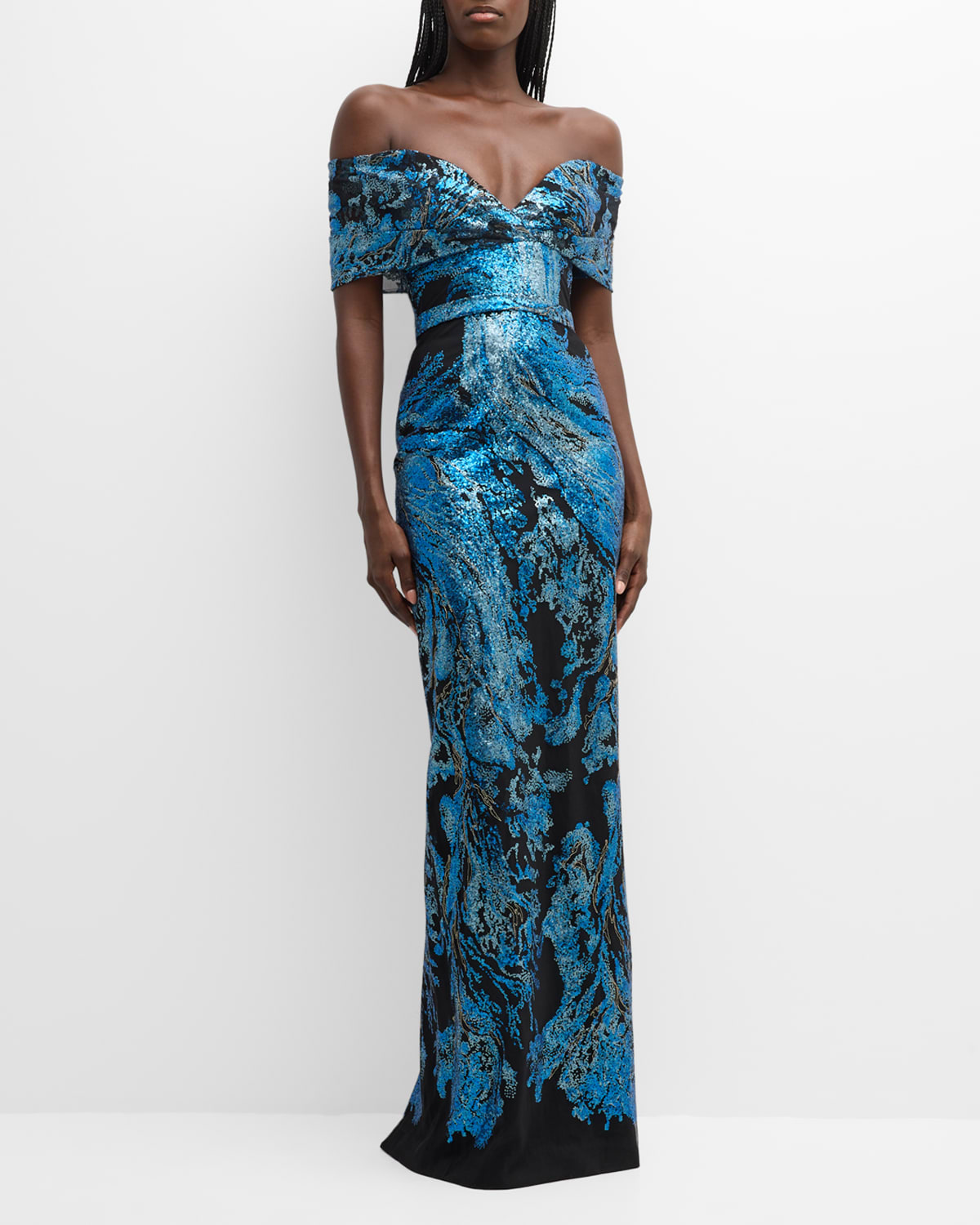 PAMELLA ROLAND SEQUIN EMBROIDERED TULLE OFF-THE-SHOULDER COLUMN GOWN