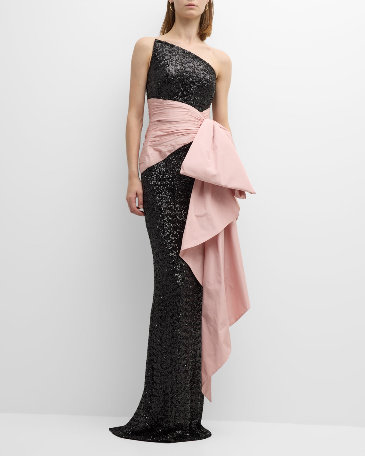PAMELLA ROLAND STRAPLESS STRETCH SEQUIN GOWN WITH TAFFETA BOW SASH