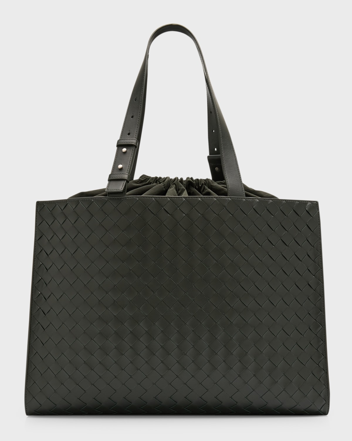 Shop Bottega Veneta Men's Medium Cassette Paper Intrecciato Leather Tote Bag In Dark Green-silver