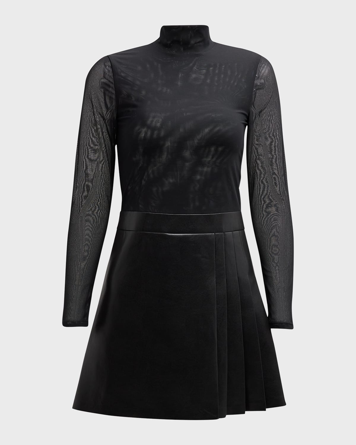 Shop Alice And Olivia Chara Long-sleeve Vegan Leather Pleated Mini Dress In Black