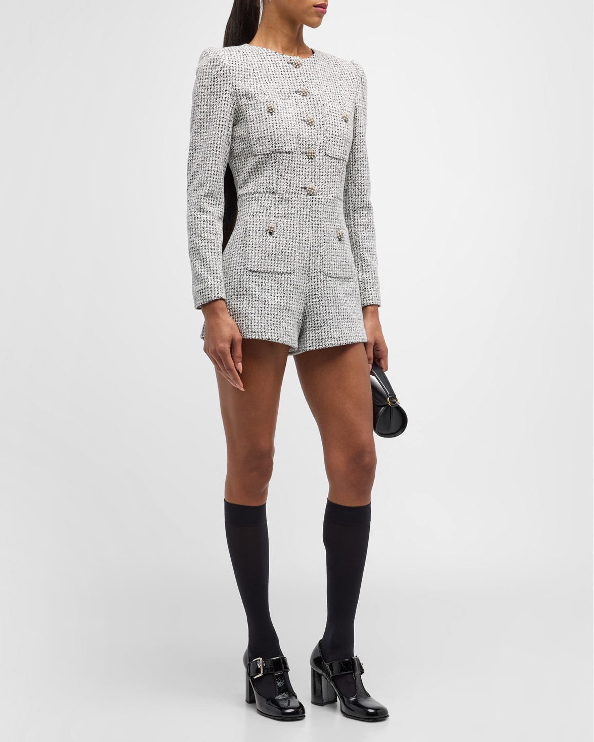 ALICE AND OLIVIA SHILOH BUTTON-FRONT TWEED ROMPER