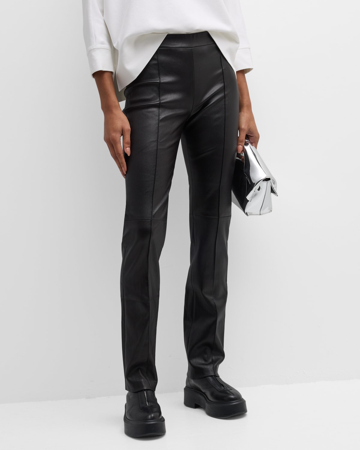 Leather Pintuck Straight-Leg Pull-On Stovepipe Pants