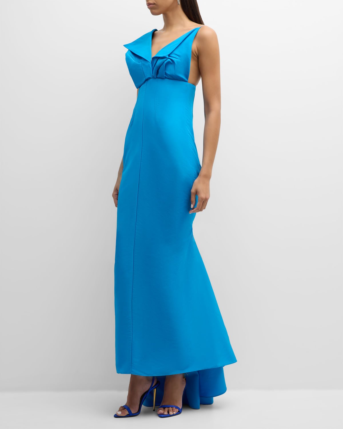Shop Christopher John Rogers Crushed Bust Trumpet Gown With Tie Back Detail In Blue