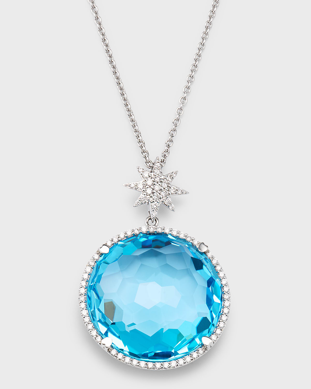 18K White Gold Round Blue Topaz and Diamond Necklace with Star Bail