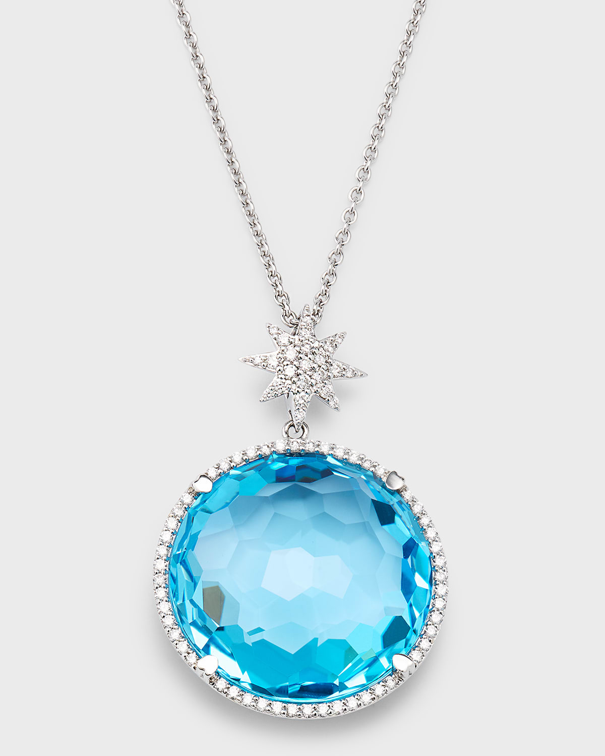 Rocks 18K White Gold Blue Topaz Diamond Halo and Star Bail Pendant Necklace
