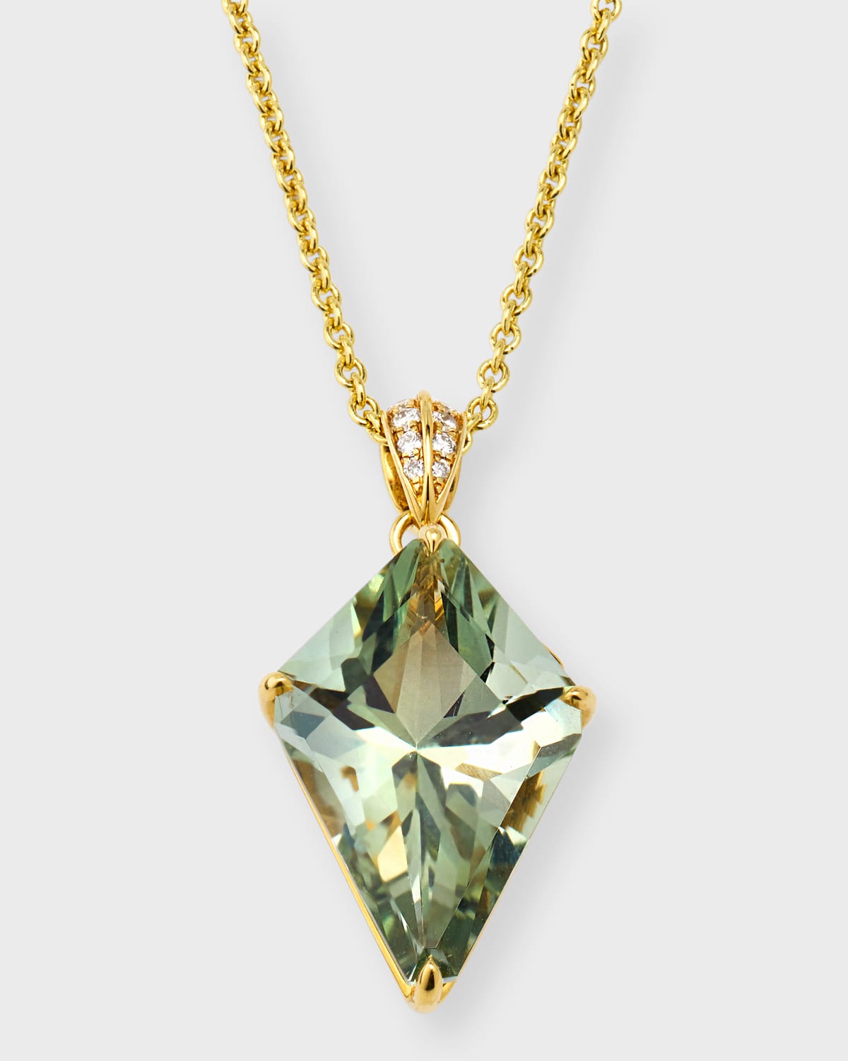 18K Yellow Gold Kite Shape Green Quartz and Diamond Pendant Necklace