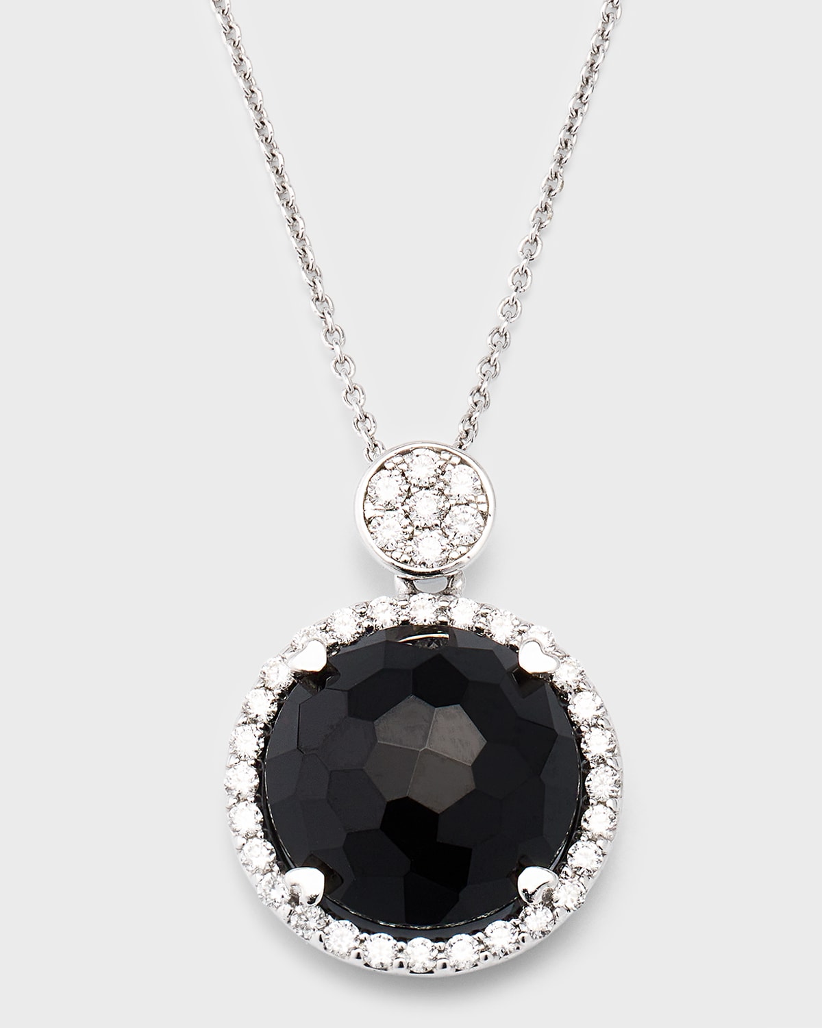 18K White Gold Round Black Onyx and Diamond Pendant Necklace