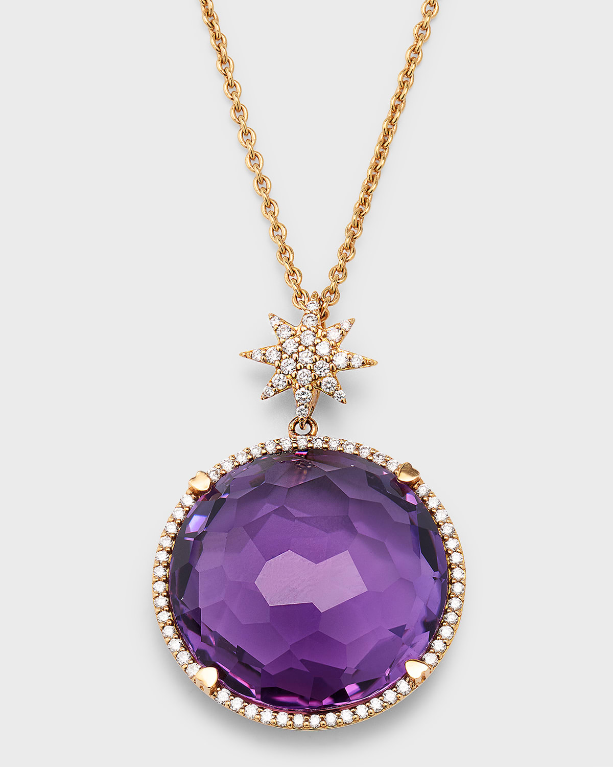 Rocks 18K Rose Gold Amethyst Diamond Halo and Star Bail Pendant Necklace