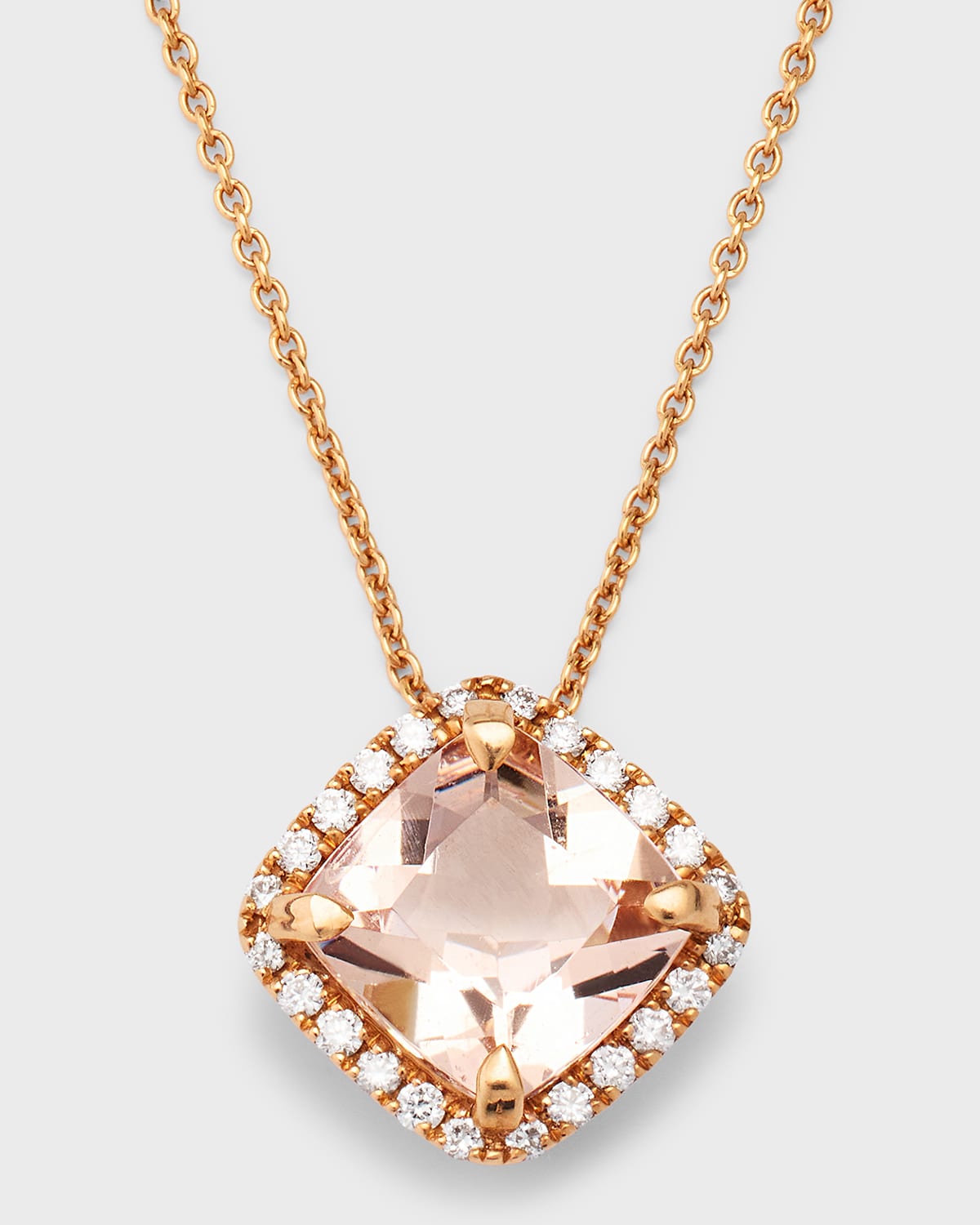 Rocks 18K Rose Gold Petite Cushion Cut Morganite and Diamond Halo Pendant Necklace