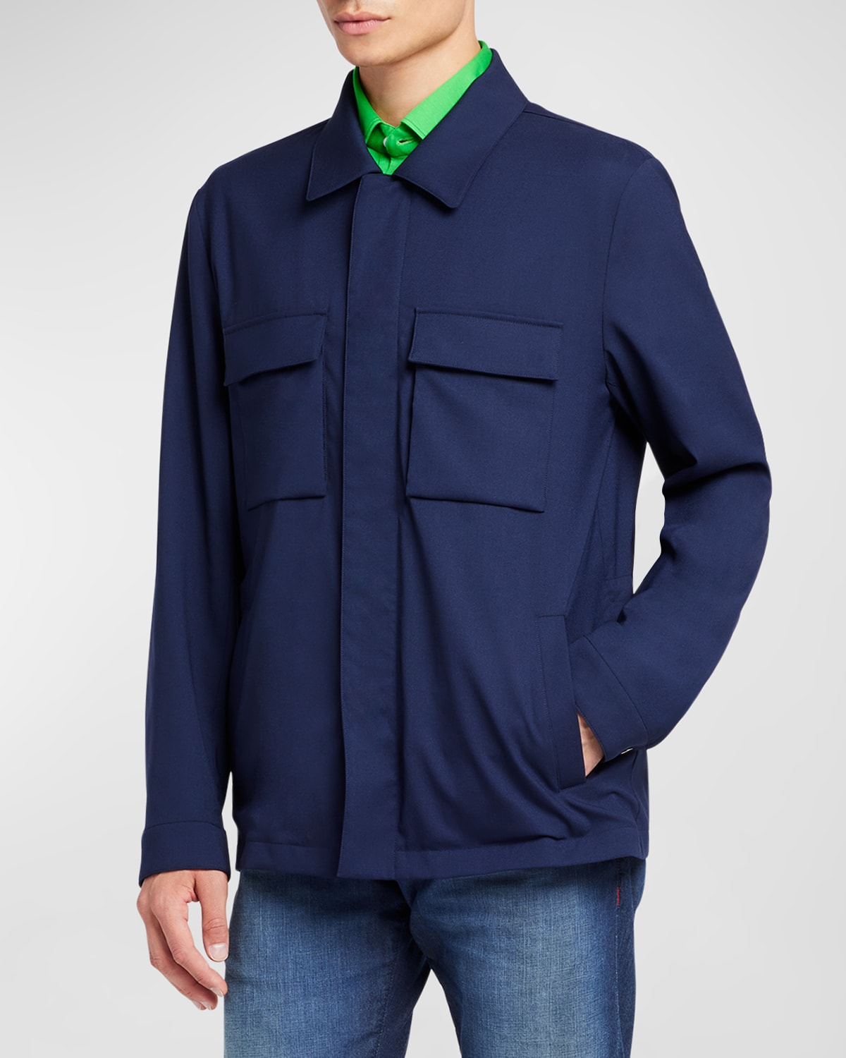 Shop Kiton Men's Technical Wool Concealed-zip Shirt Jacket In Navy