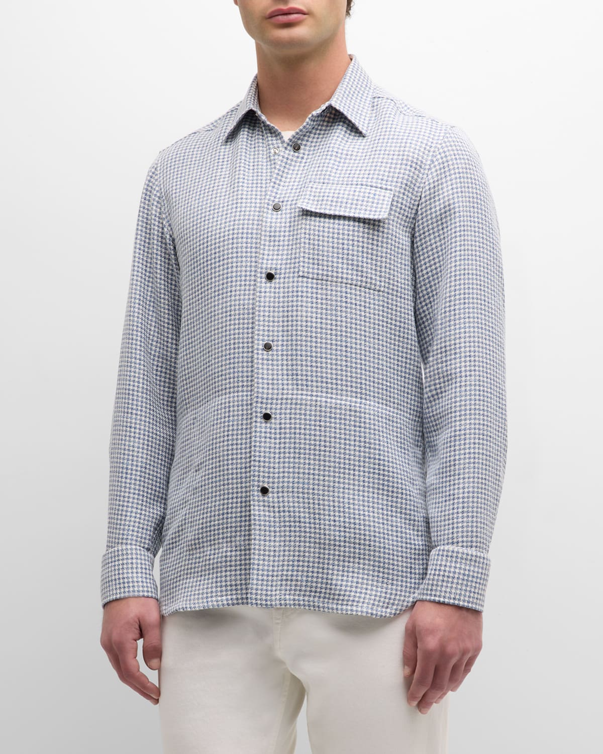 Kiton Men's Micro-houndstooth Overshirt In Blue Multi