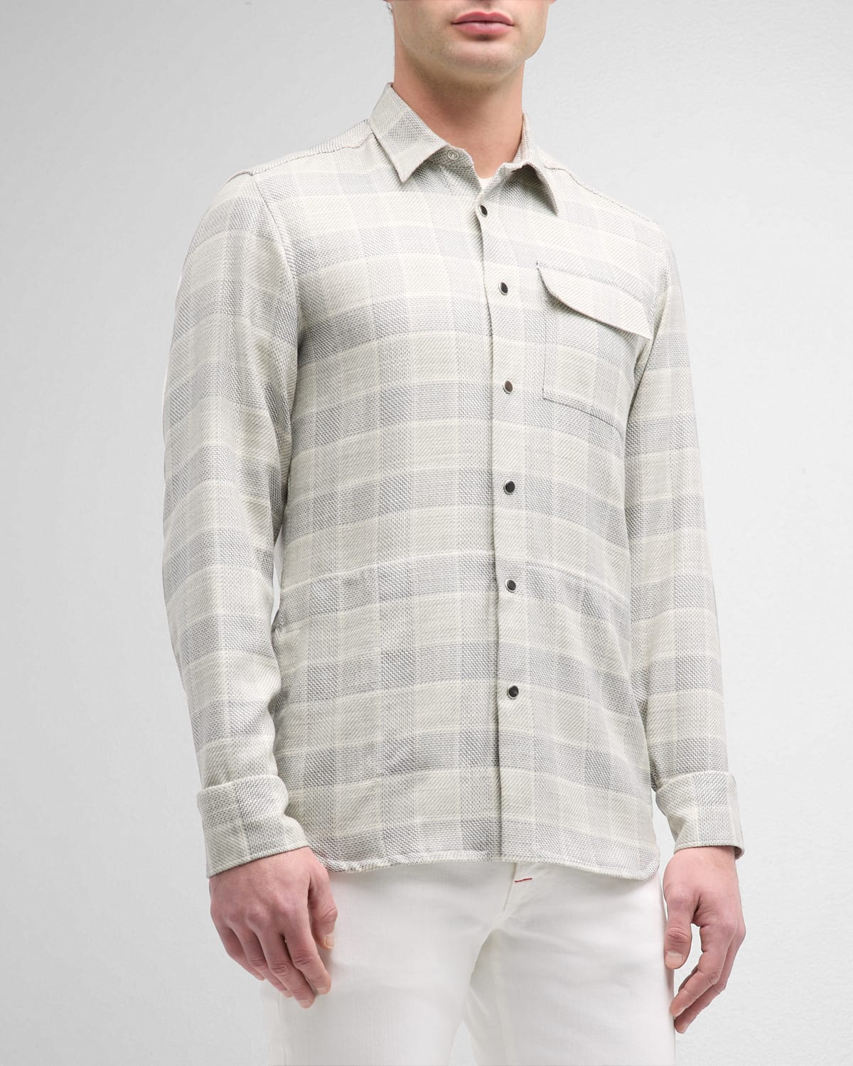 Shop Kiton Men's Plaid Snap-front Overshirt In Light Gray