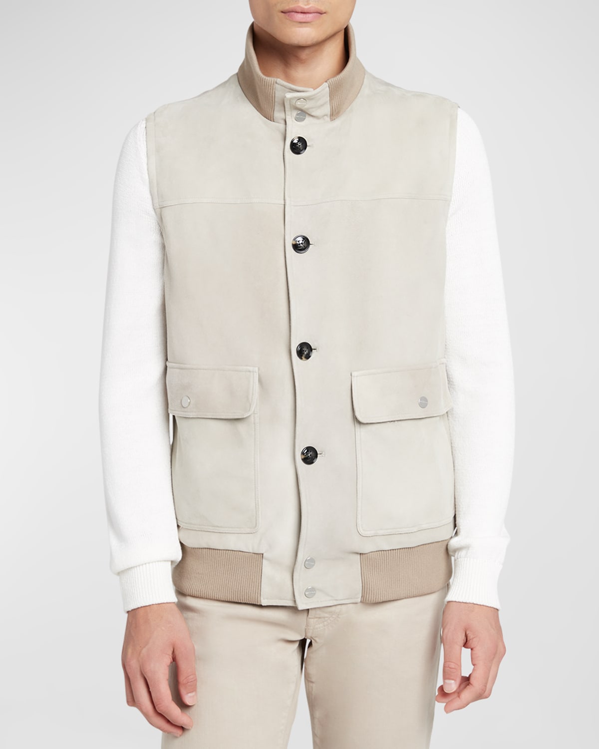 Shop Kiton Men's Sleeveless Leather Blouson Vest In Light Brown