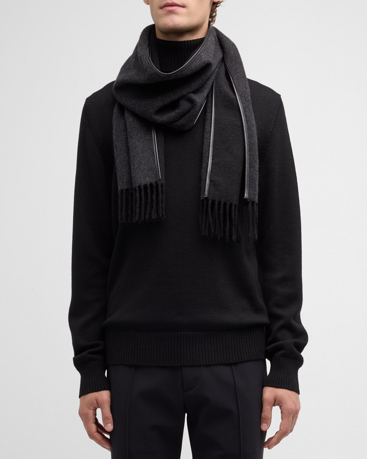 Unisex Cashmere Scarf with Leather Piping