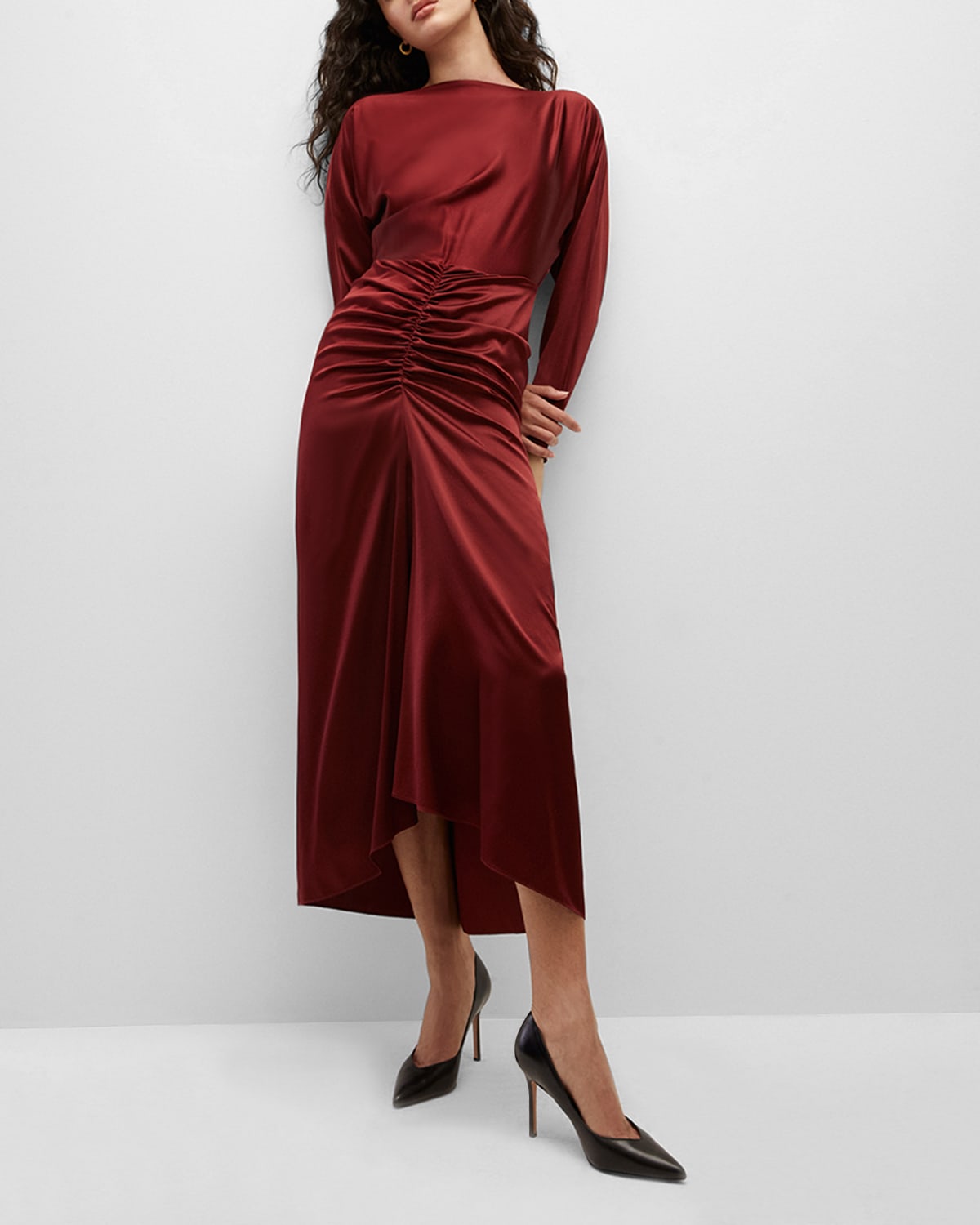 Shop Veronica Beard Sabri Silk Long-sleeve Ruched Maxi Dress In Maroon