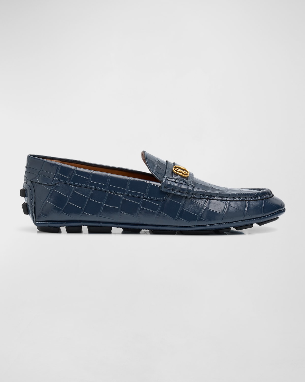 Shop Bally Men's Croc-effect Leather Drivers In Midnight 21