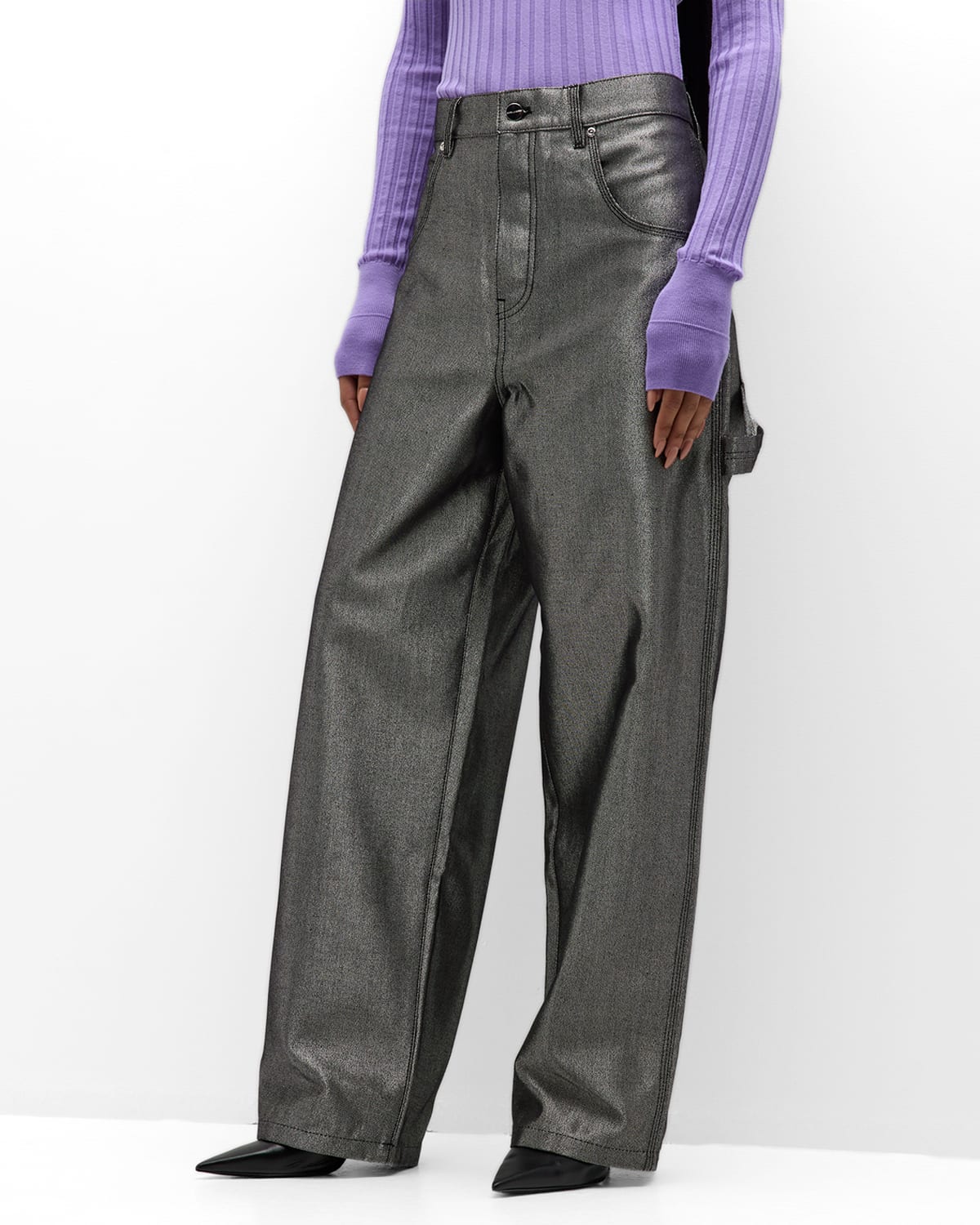 Shop Marc Jacobs Mid-rise Reflective Oversized Wide-leg Carpenter Jeans In Silver Reflective