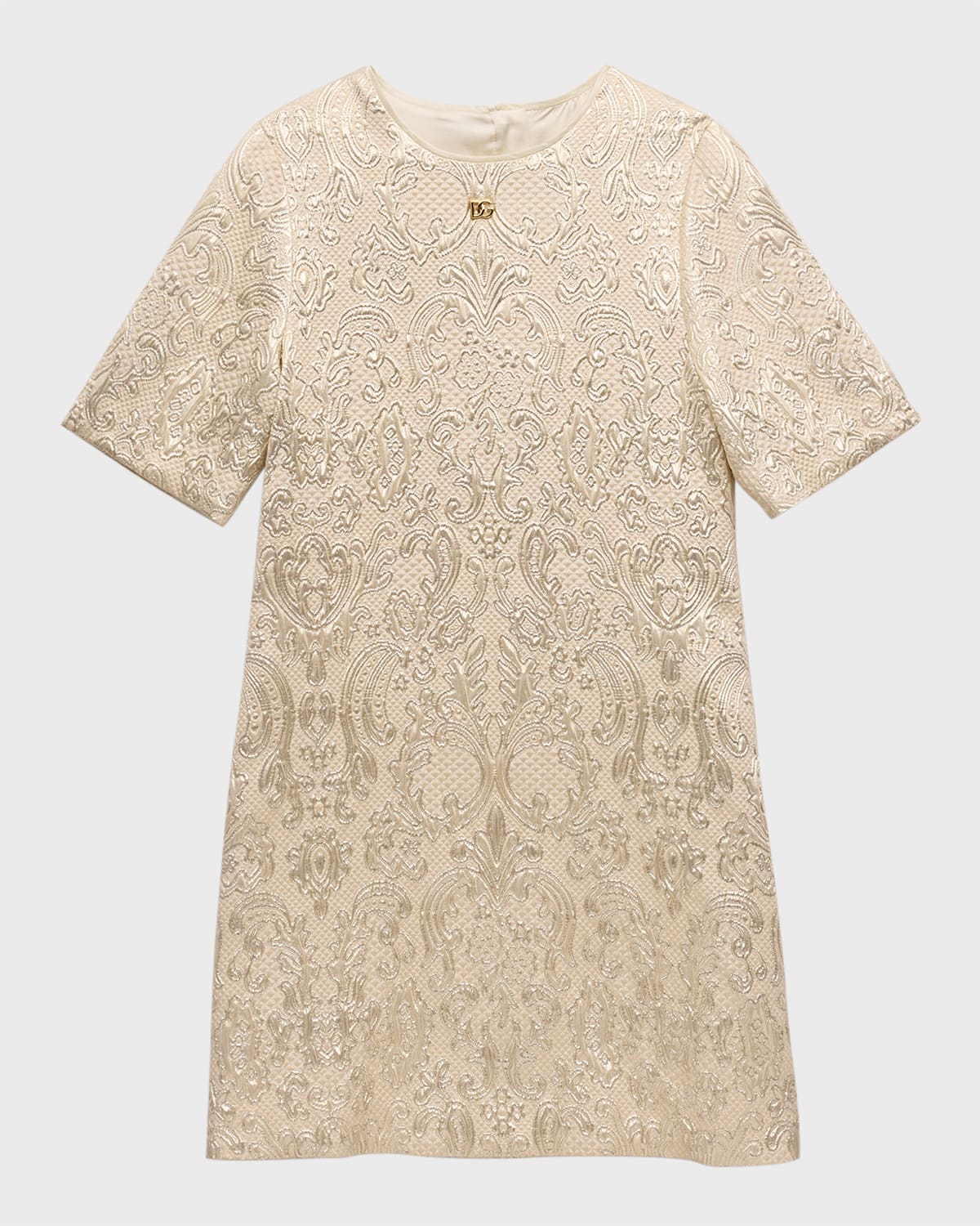 Dolce & Gabbana Girl's Short-sleeve Brocade Dress In Gold