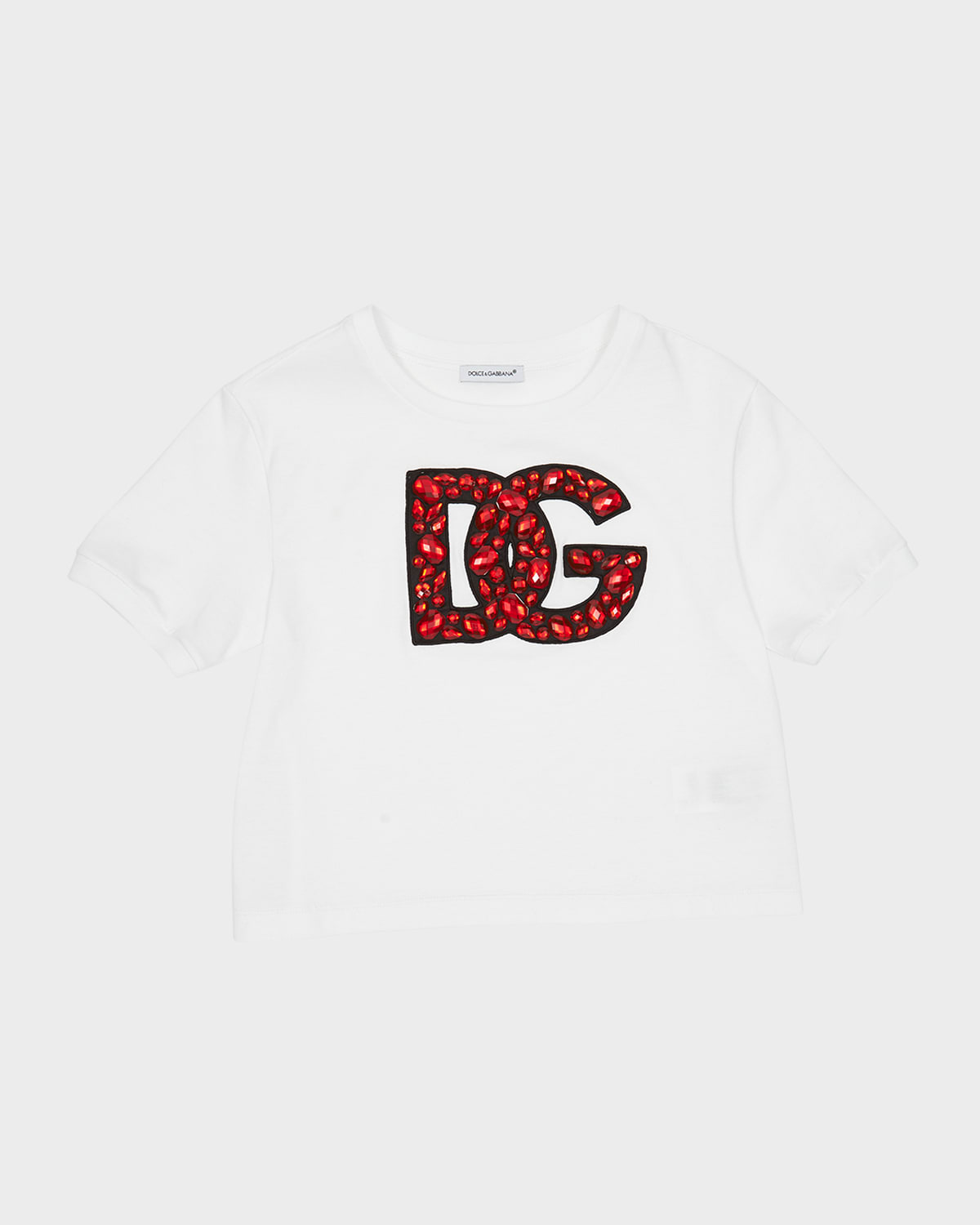 Dolce & Gabbana Kids' Girl's Rhinestone Embellished Interlocked Logo-print T-shirt In White