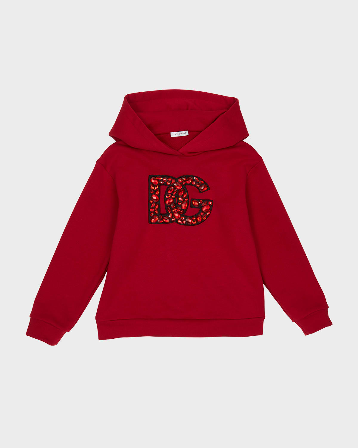 Dolce & Gabbana Kids' Girl's Rhinestone Embellished Interlocked Logo-print Hoodie In Red