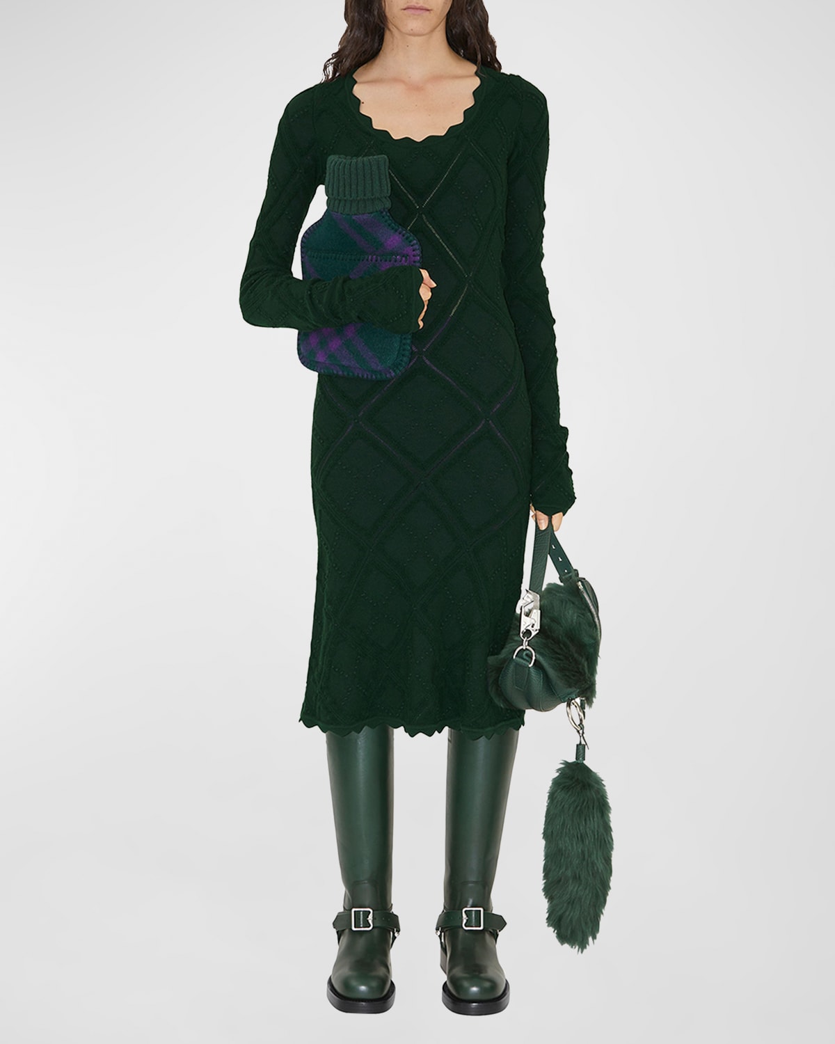 Shop Burberry Wool Knit Midi Dress In Vine