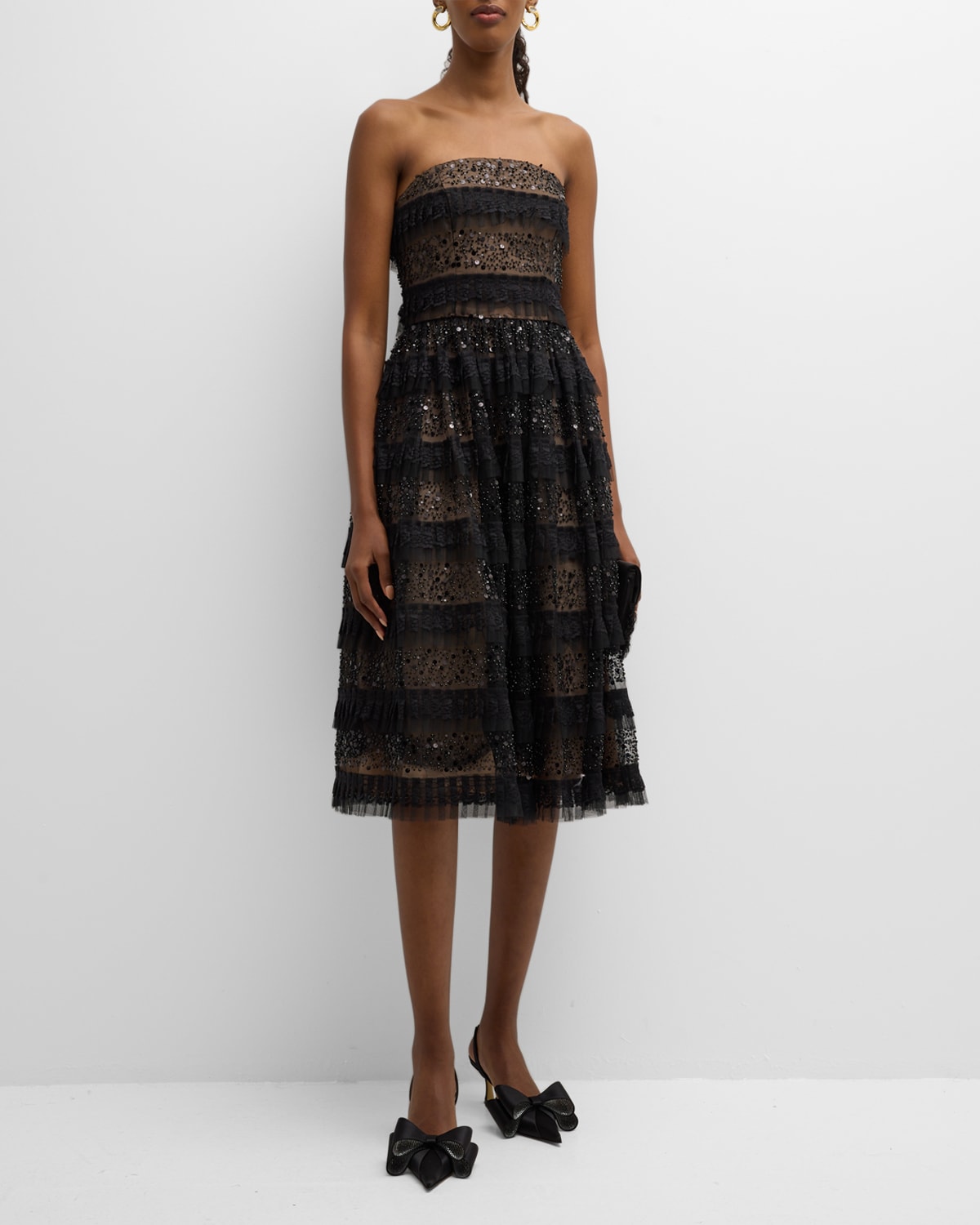 Dress The Population Black Label Ruby Tiered Strapless Bead & Sequin Midi Dress In Black-nude