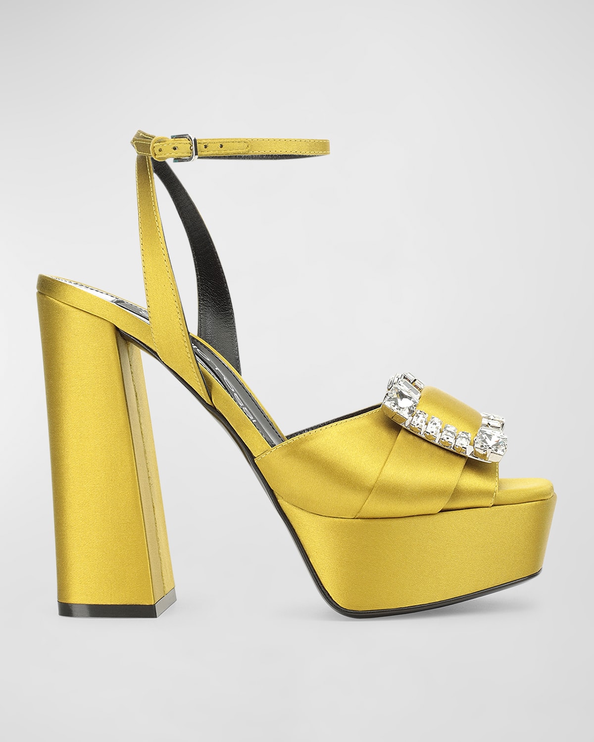 Shop Sergio Rossi Satin Crystal Ankle-strap Platform Sandals In Chartreuse