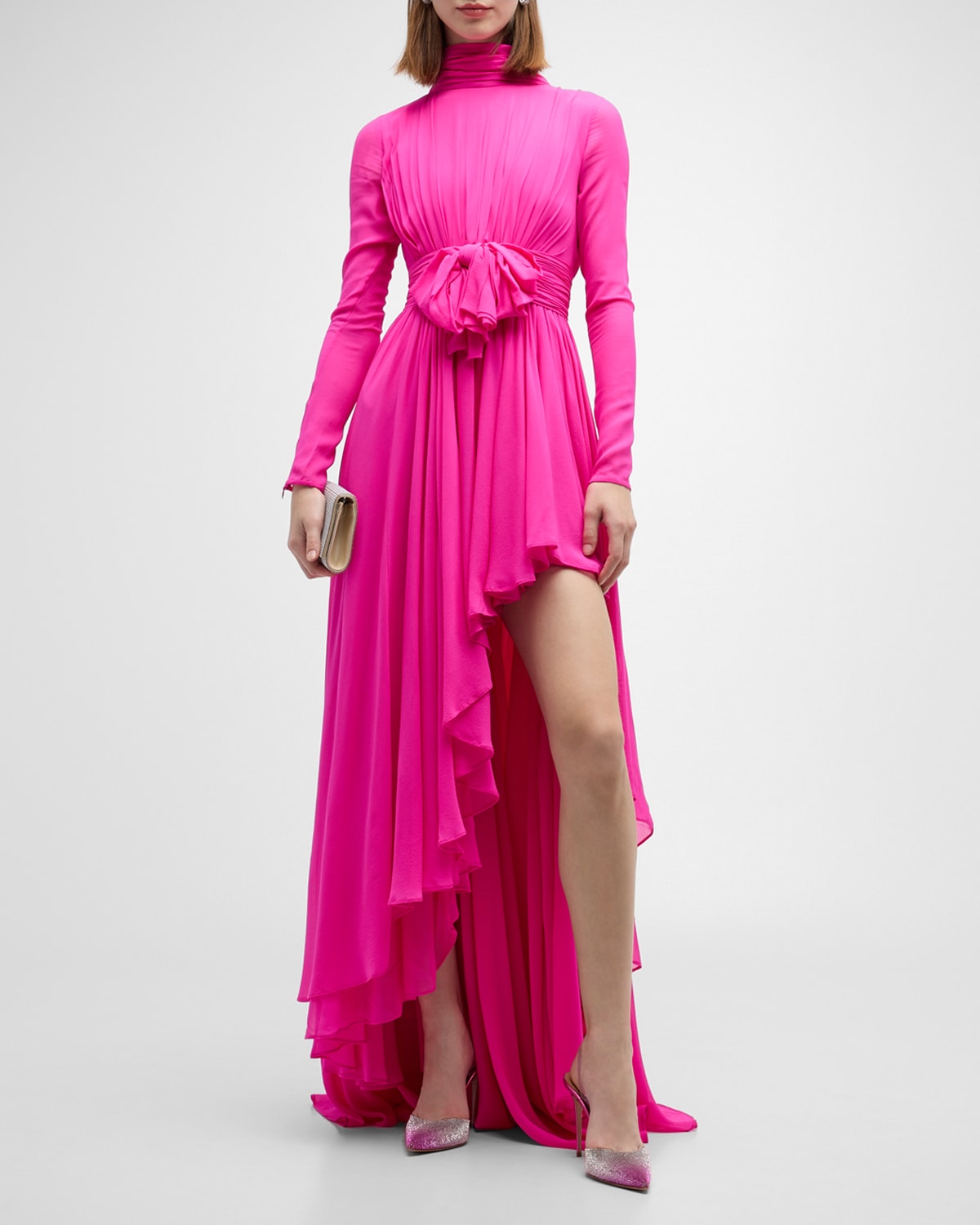 Shop Giambattista Valli Gathered Bow-front Arch-slit Long-sleeve Gown In Bougainville