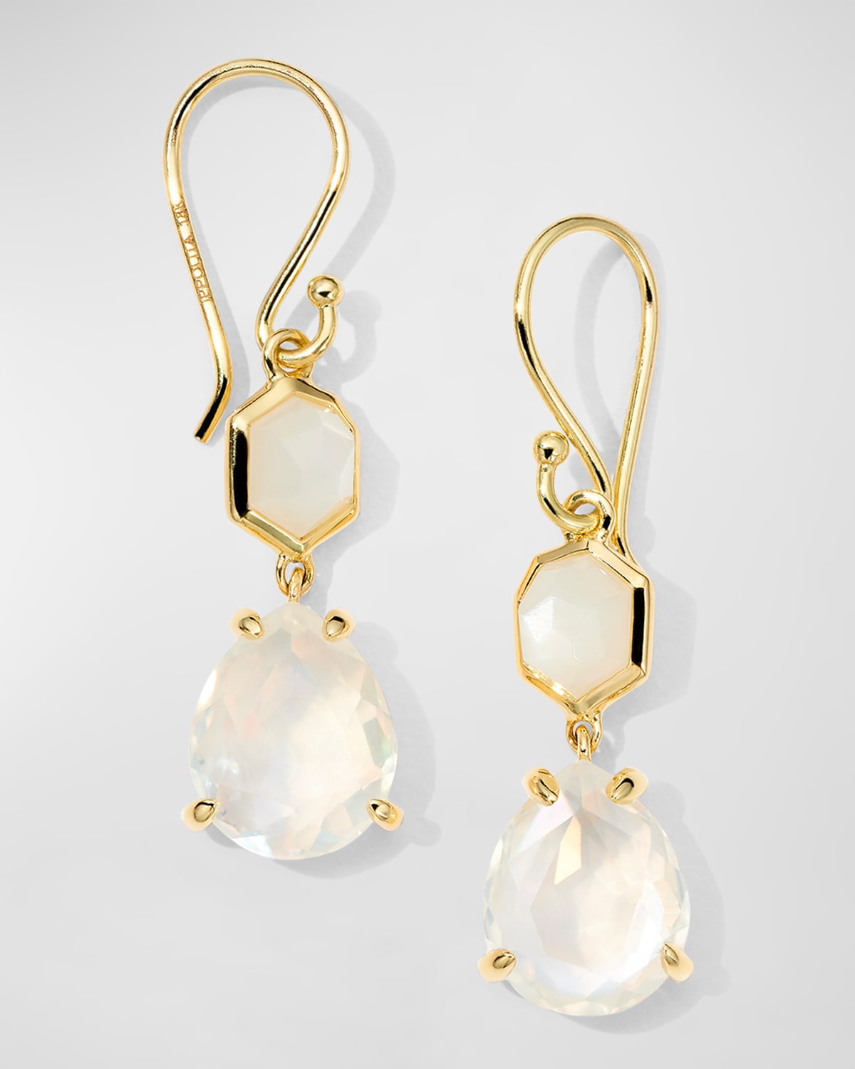 IPPOLITA 18K GOLD ROCK CANDY SMALL SNOWMAN EARRINGS IN WHITE MOONSTONE ROCK CRYSTAL MOP AND ROCK CRYSTAL TRIP