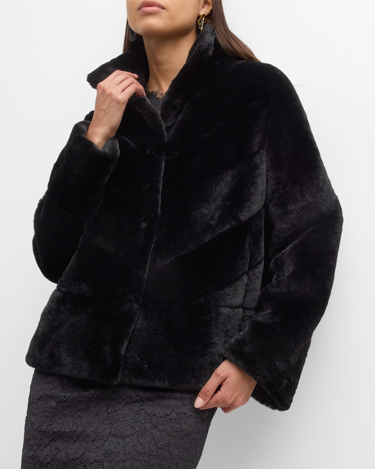 Gorski Chevron Lamb Shearling Jacket With Horizontal Bottom In Black ModeSens