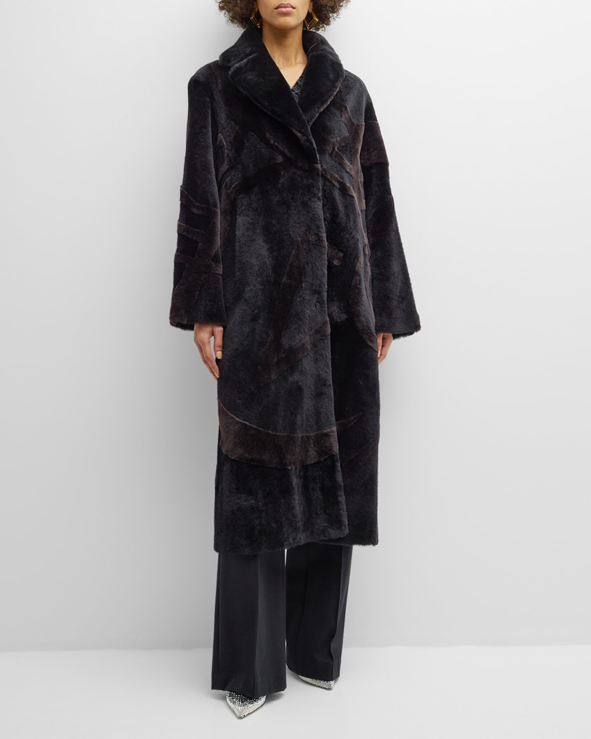 Gorski Abstract Intarsia Lamb Shearling Long Coat In Black / Brown