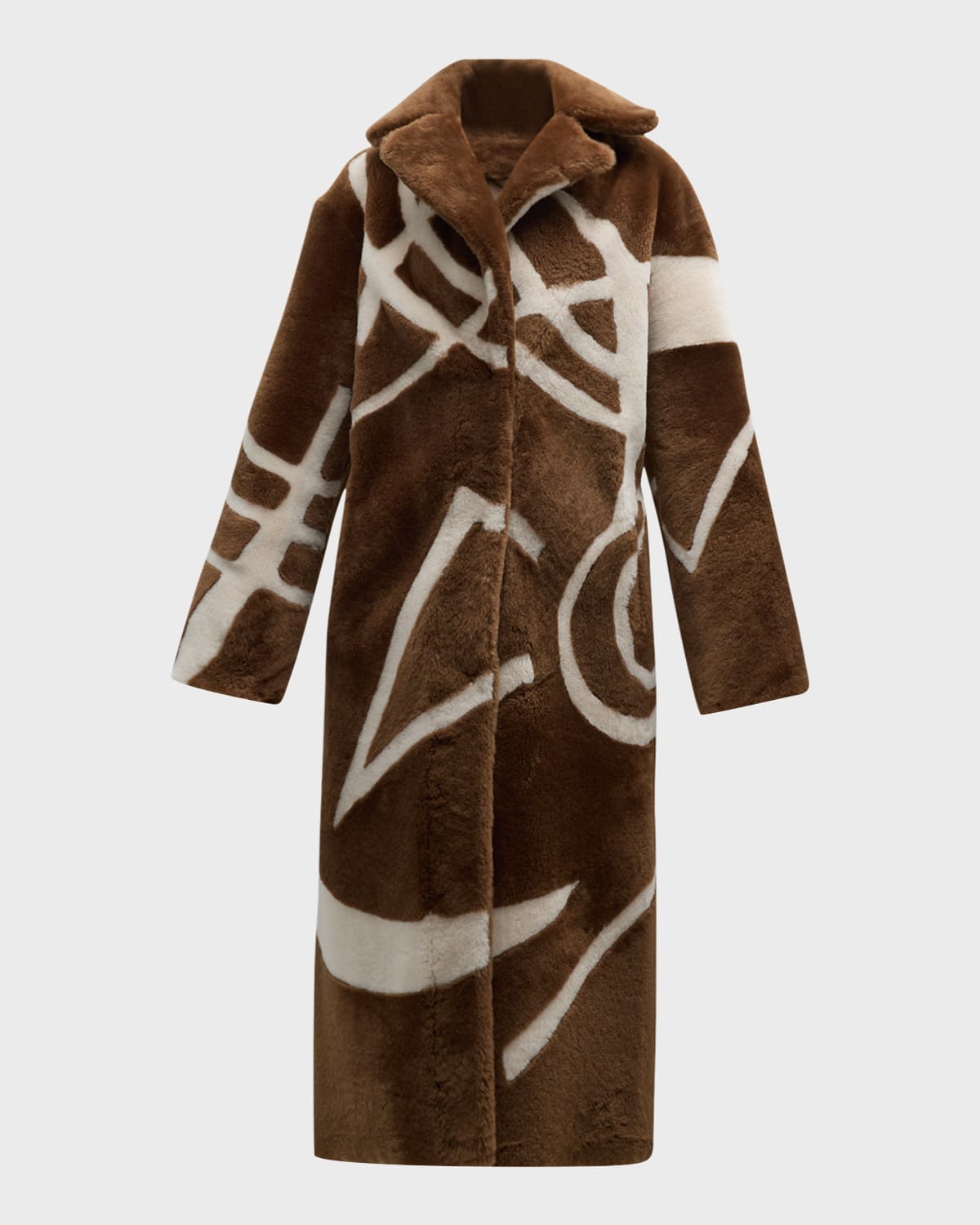 Gorski Abstract Intarsia Lamb Shearling Long Coat In Chestnut / Cream