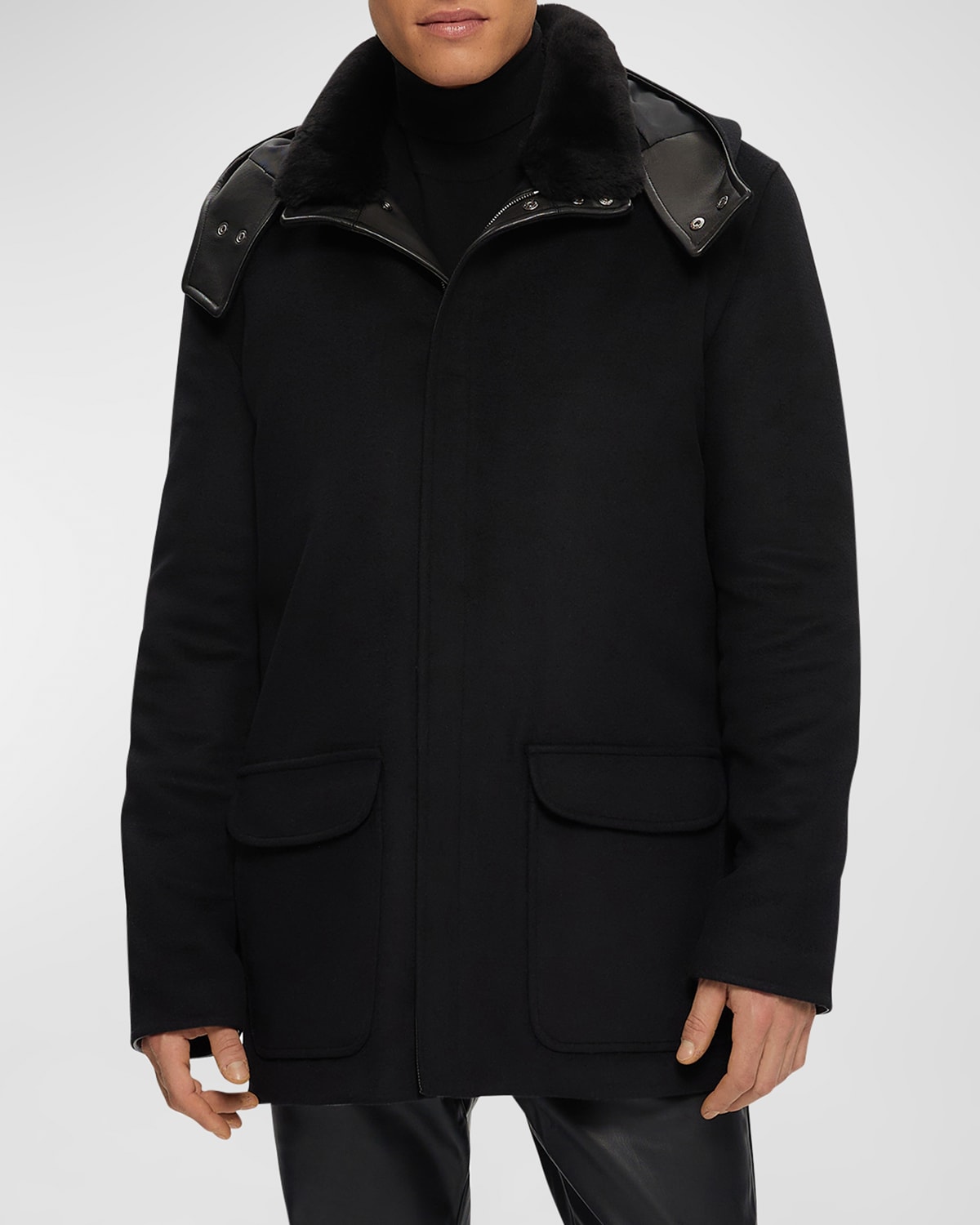 Gorski Men's Lamb Shearling Collar Brushed Wool Parka Jacket With Detachable Hood In Black
