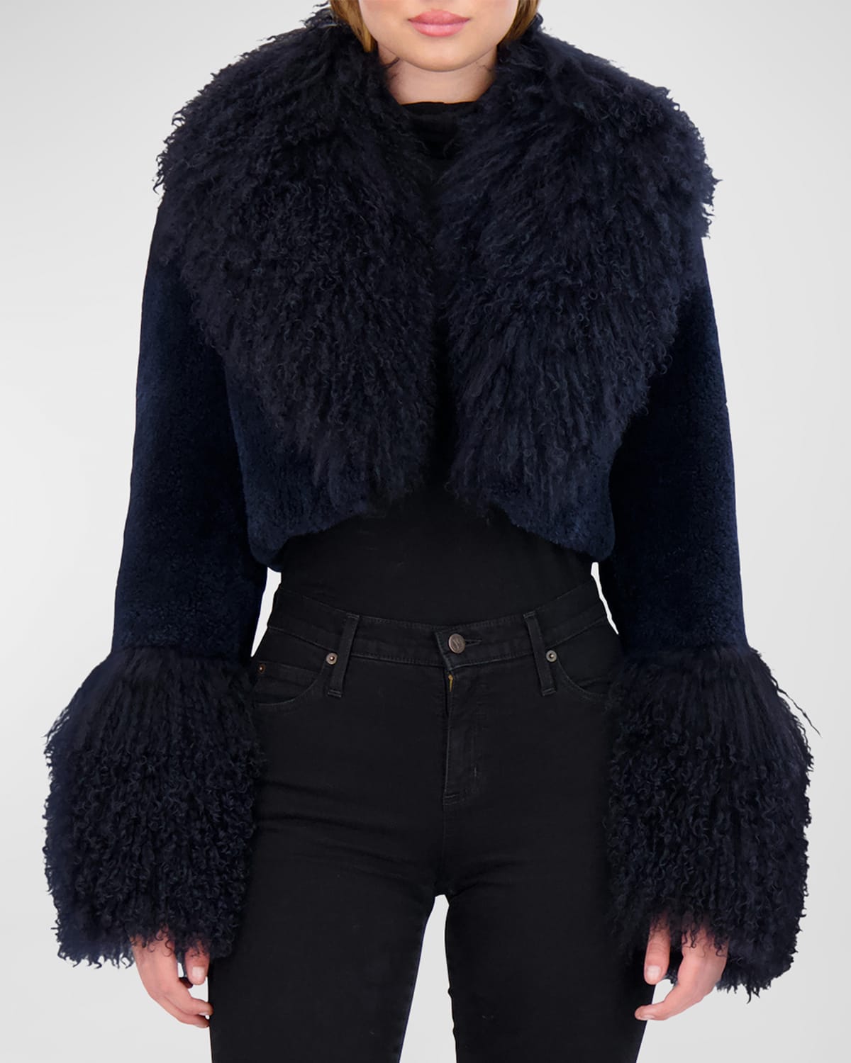 Cashmere Goat Fur Crop Bolero Jacket With Mongolian Goat Fur Collar And Cuffs