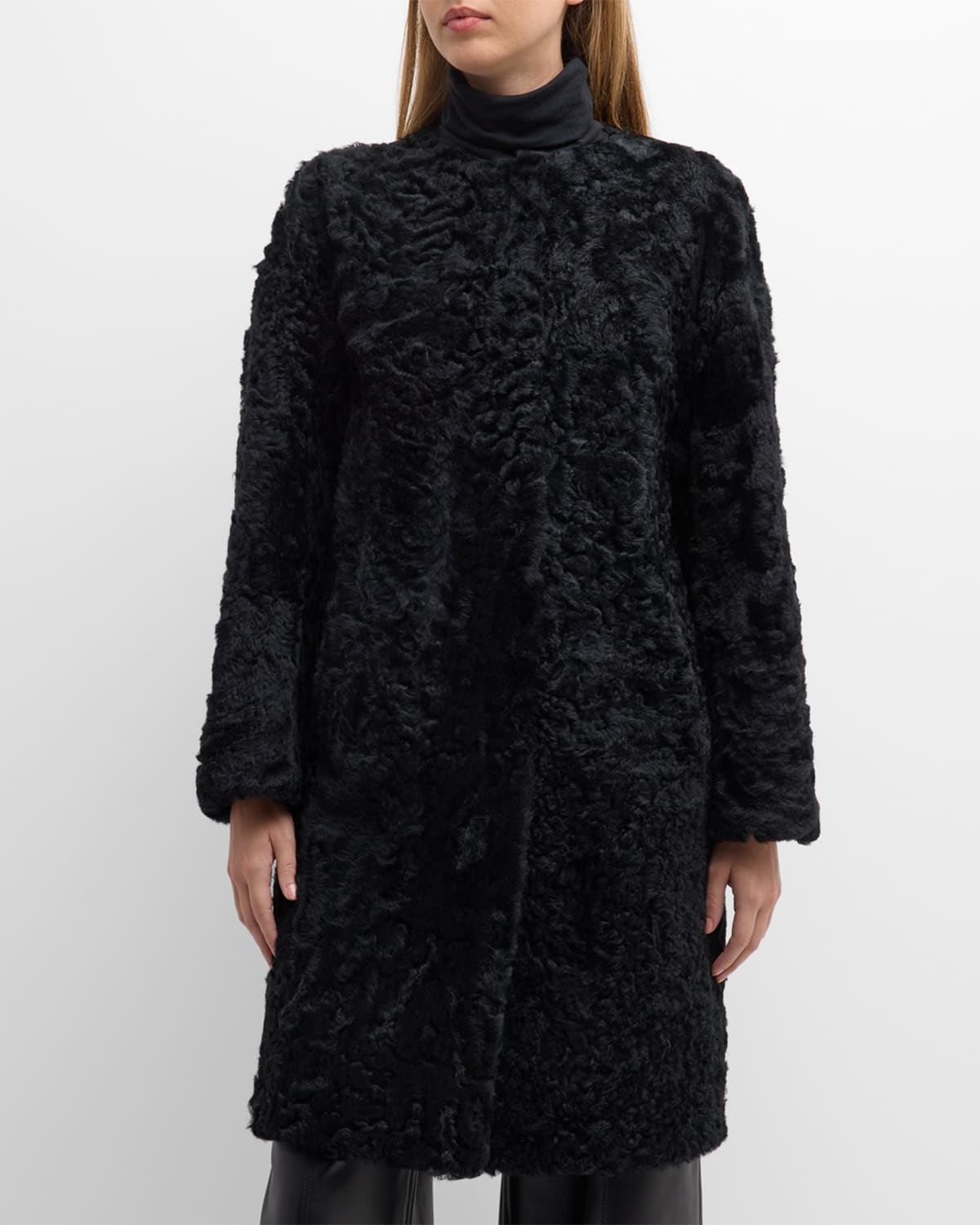 Gorski Reversible Collarless Lamb Shearling Belted Coat In Black