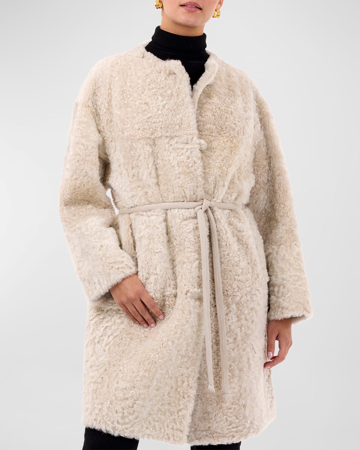 Reversible Collarless Lamb Shearling Belted Coat