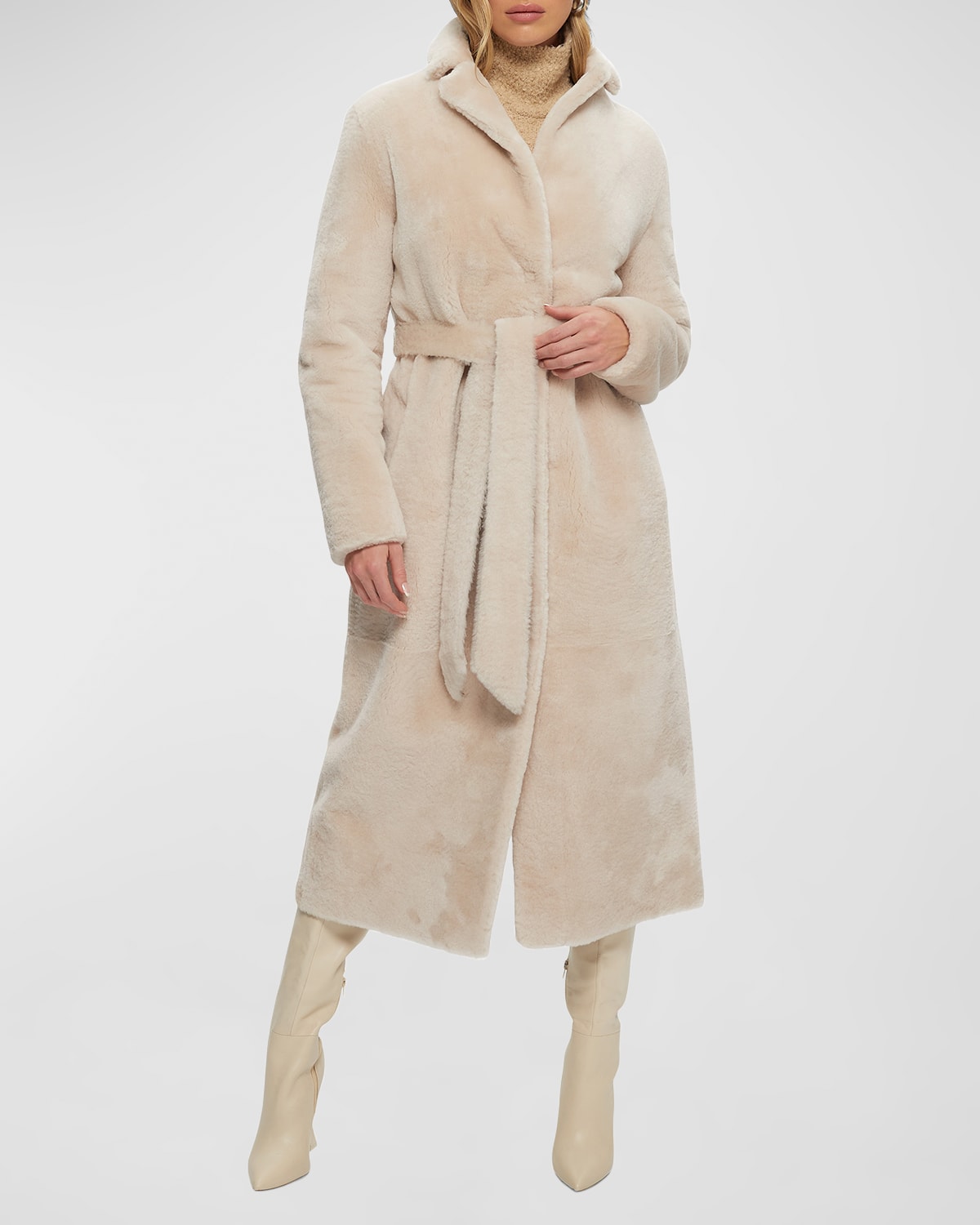 Belted Shearling Lamb Long Coat