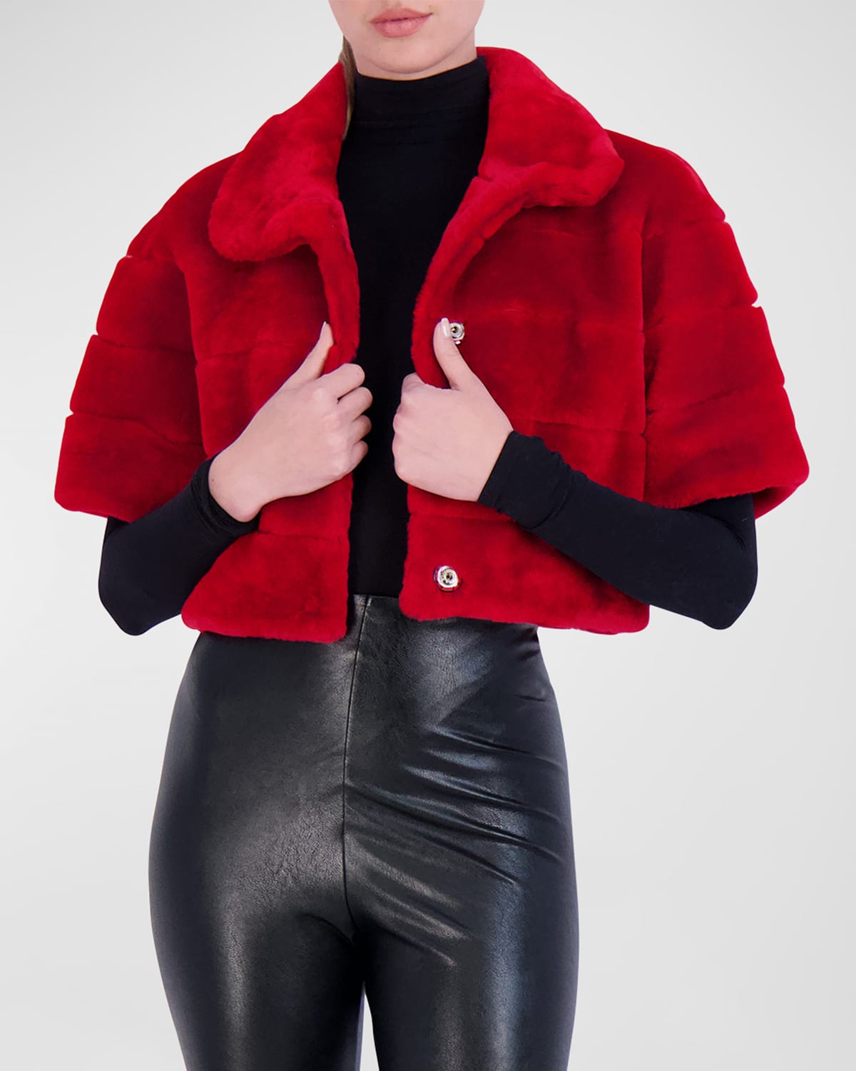 Gorski Horizontal Lamb Shearling Short-sleeve Bolero Jacket In Red