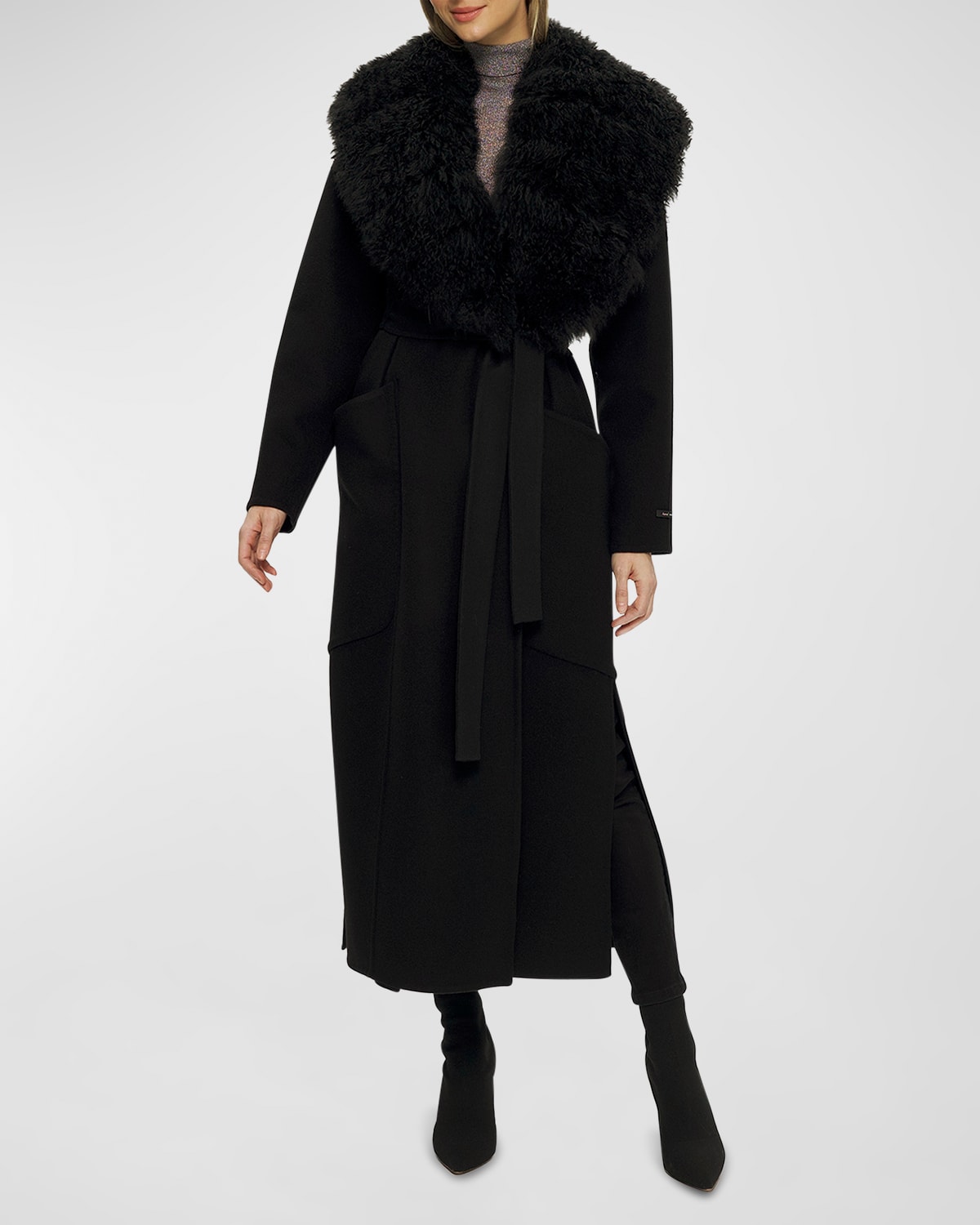 Gorski Detachable Goat Shearling Collar Belted Wool-cashmere Long Coat In Black