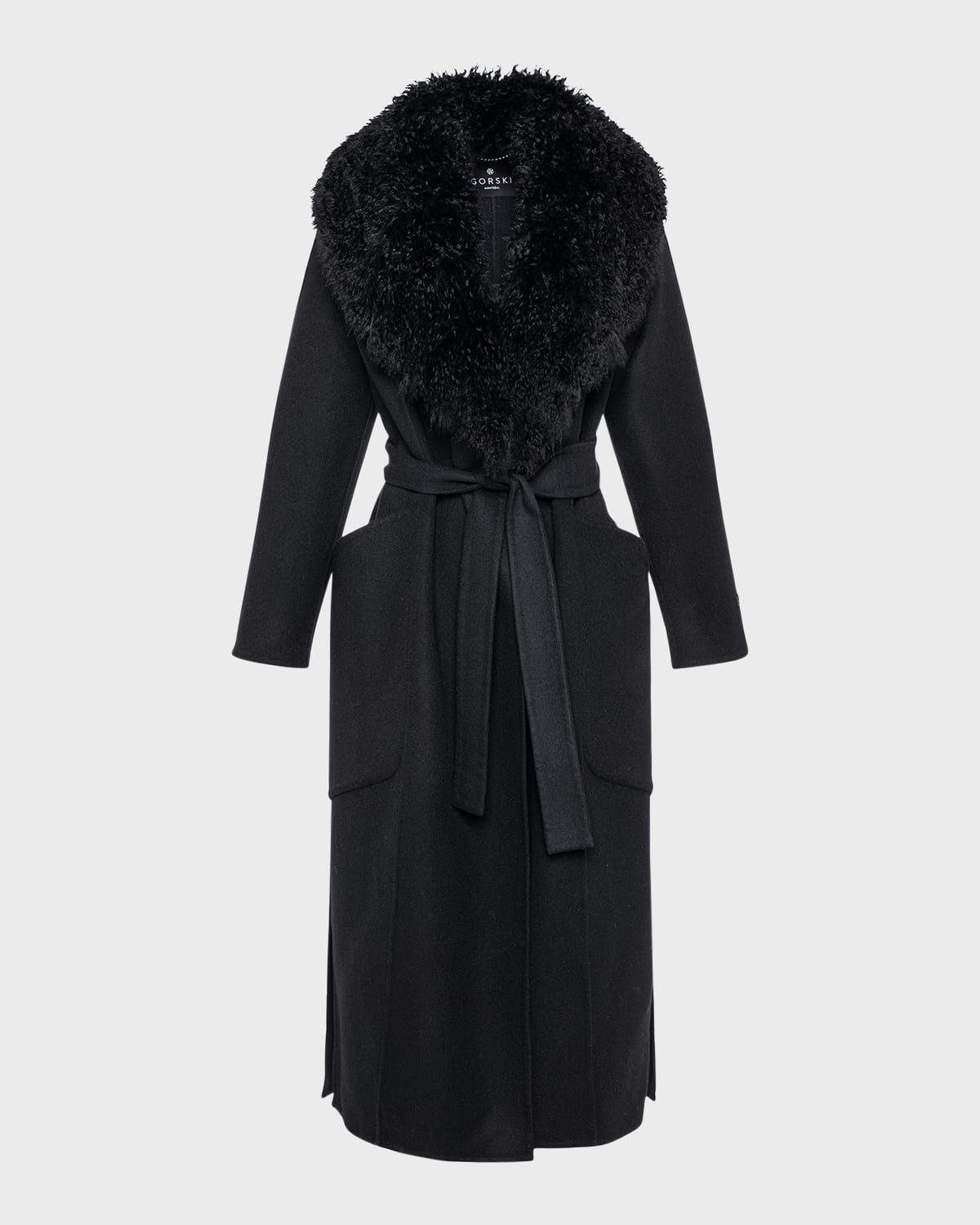 Gorski Detachable Goat Shearling Collar Belted Wool-cashmere Long Coat In Black