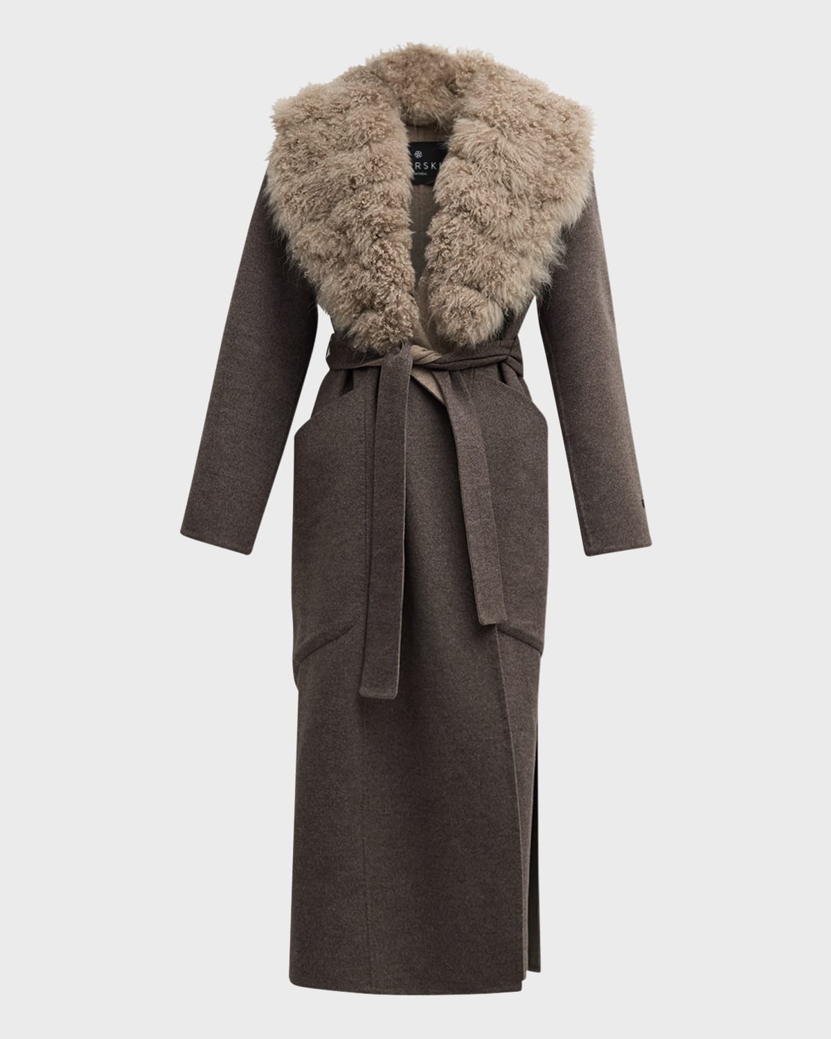 Gorski Detachable Goat Shearling Collar Belted Wool-cashmere Long Coat In Mocha
