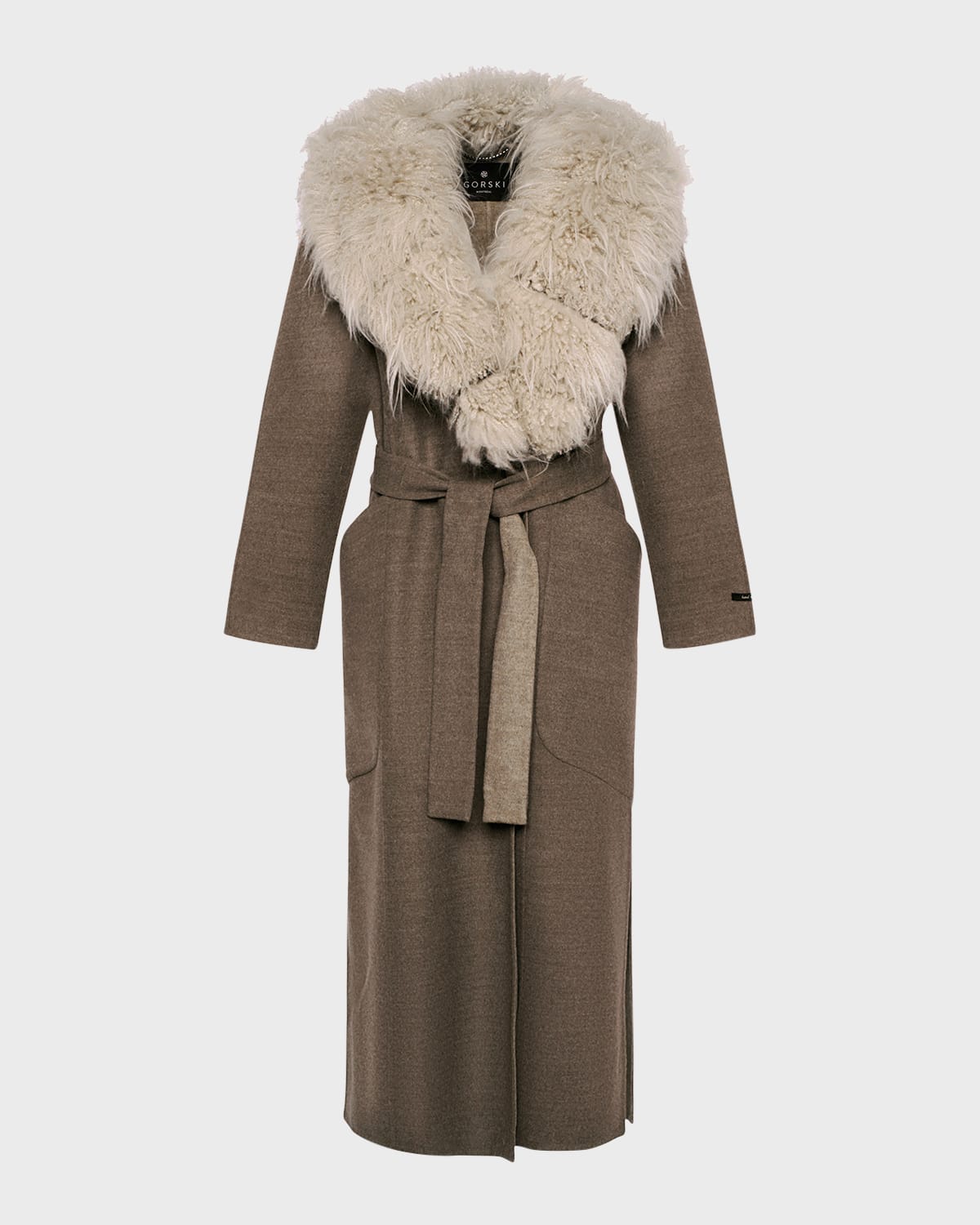Gorski Detachable Goat Shearling Collar Belted Wool-cashmere Long Coat In Brown