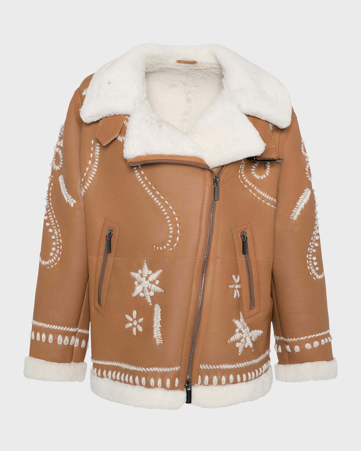 Gorski Wool Embroidered Lamb Shearling Moto Jacket In White / Whiskey